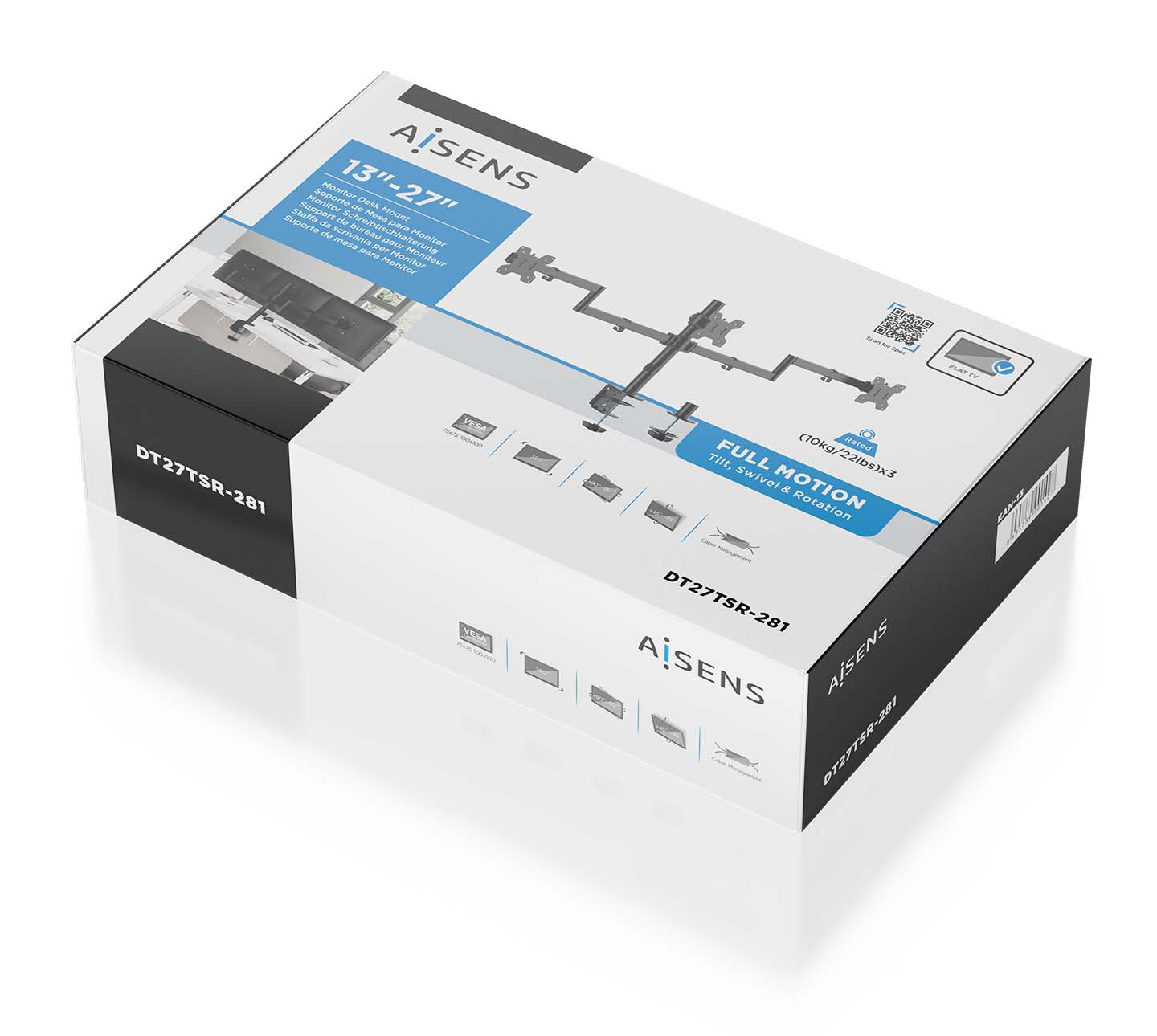 Caja con soporte de monitor, blanco y negro con imágenes y texto. Marca Aisens.