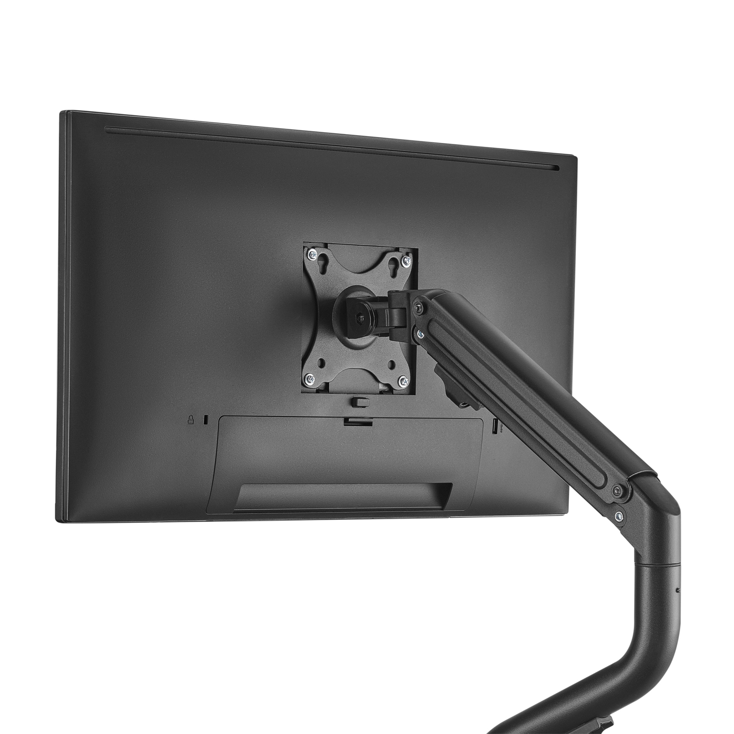 Czarny monitor z uchwytem z tyłu. Jest na białym tle.