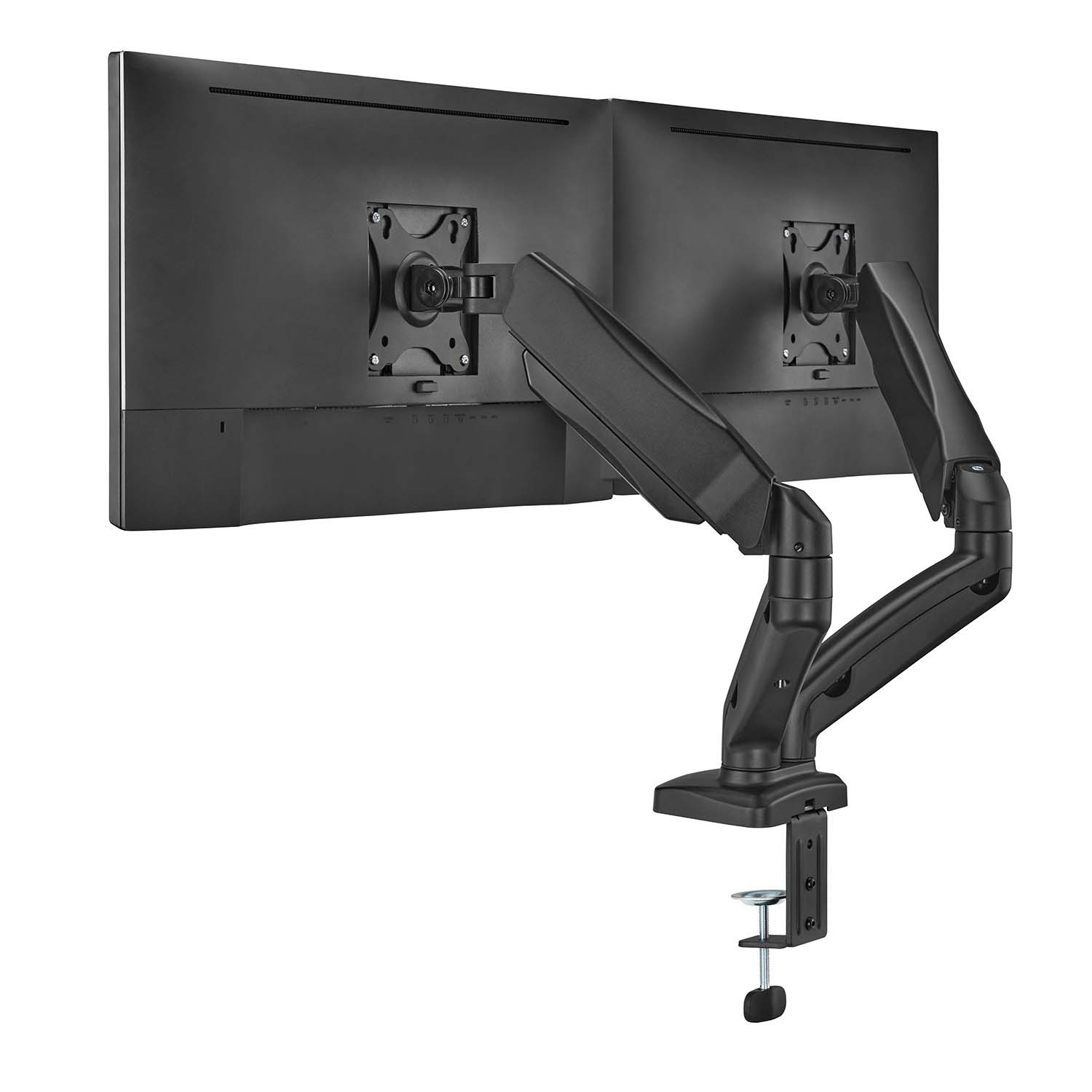 Dos monitores de computadora negros montados en un soporte de escritorio negro ajustable.