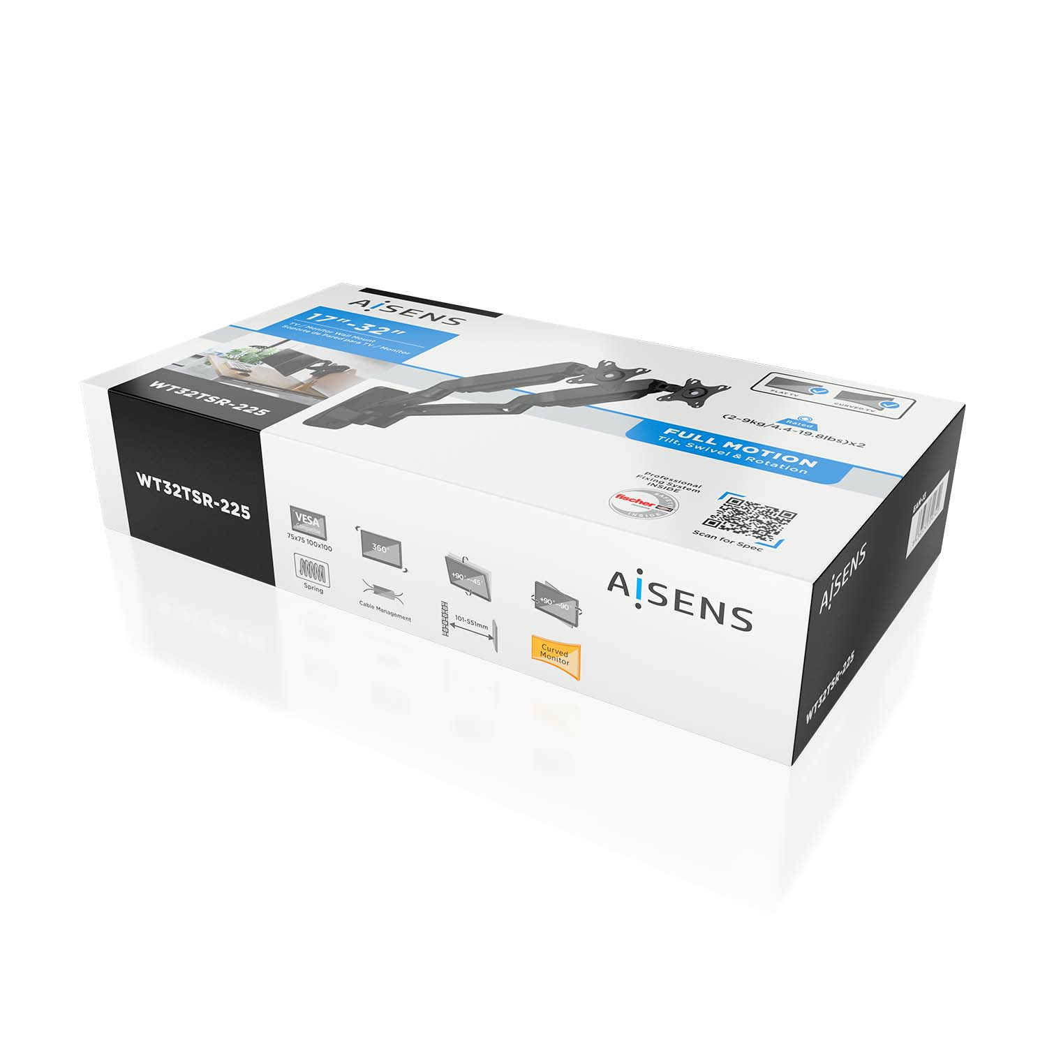 Caja blanca con soporte para monitor negro, nombre de la marca e información del producto.