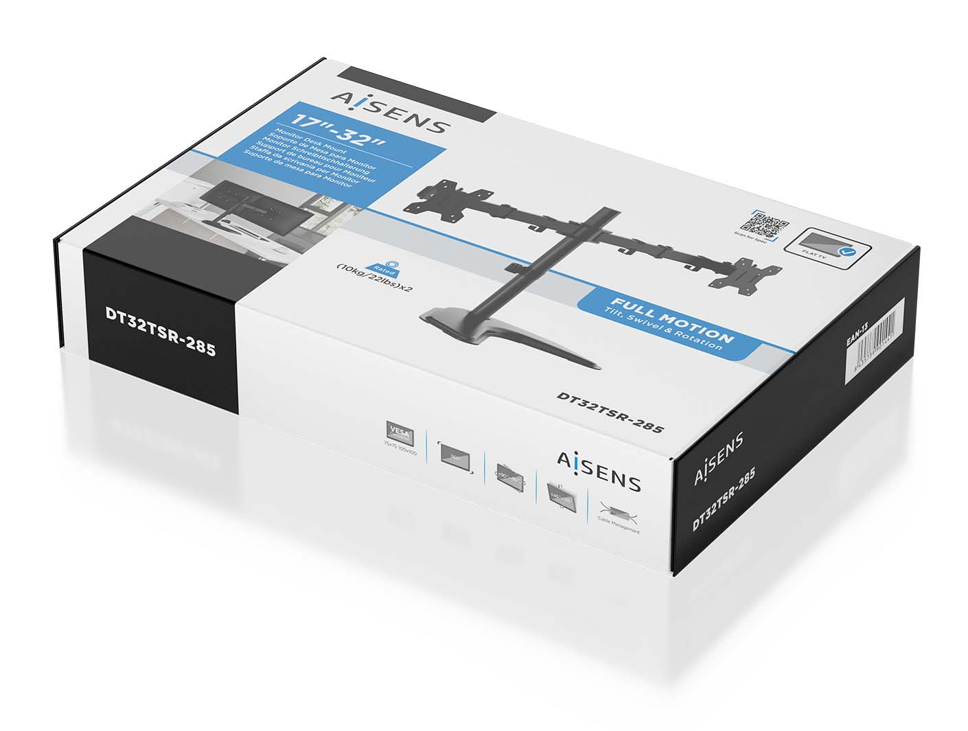 Una caja con un soporte para monitor dentro, con el nombre 'AiSens'.