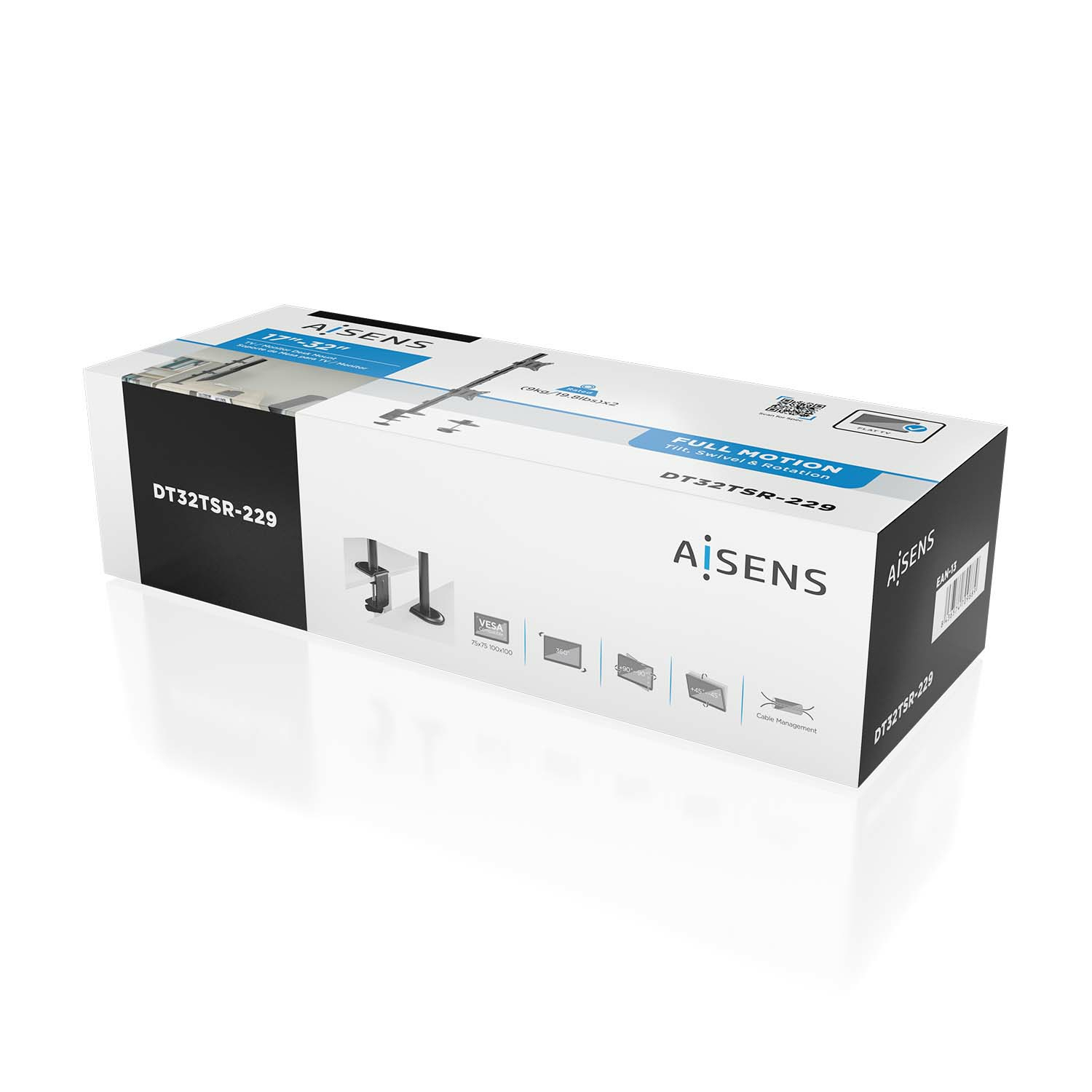 Una caja para un brazo de monitor, blanca y azul. La marca es AiSens. Tiene imágenes y texto.