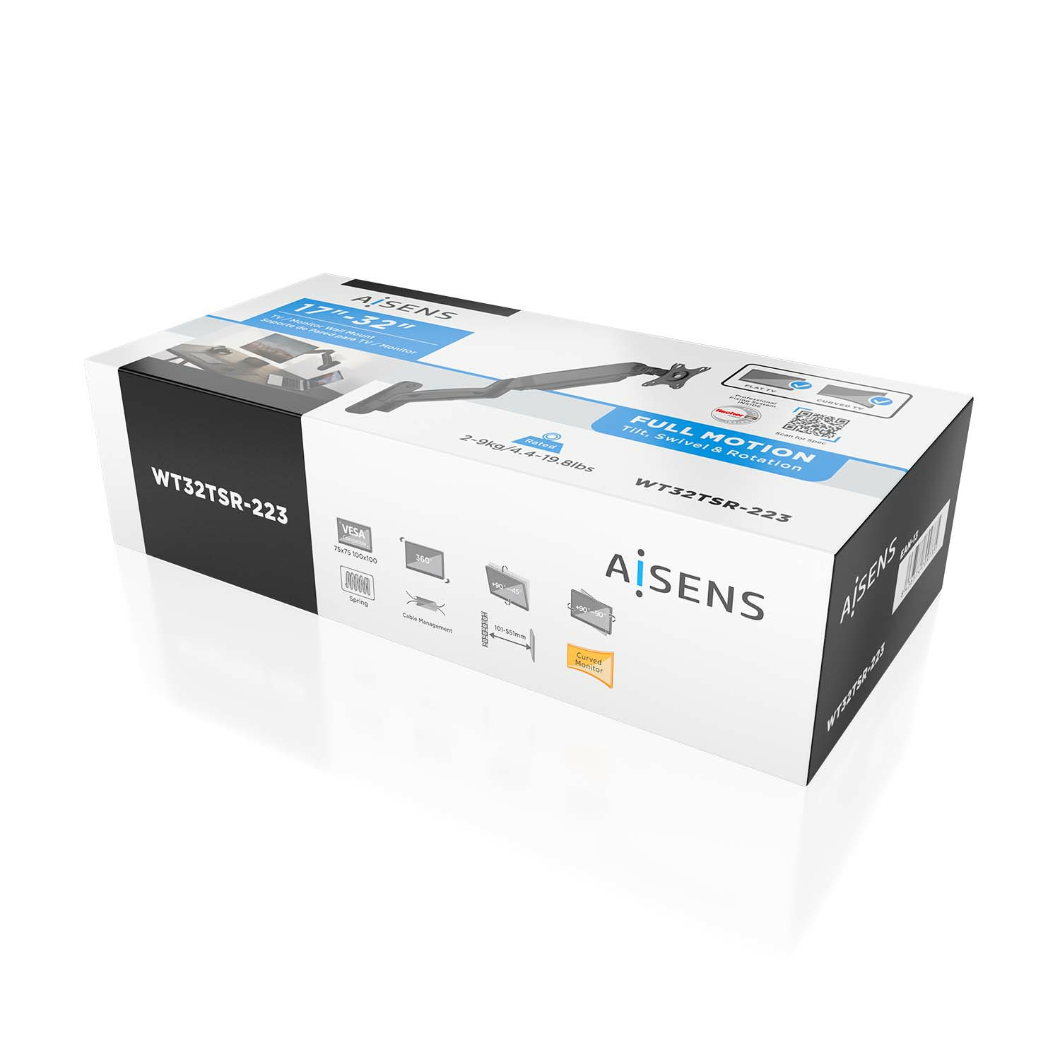 Biało-niebieskie pudełko z ramieniem do monitora. Tekst: Full Motion. Białe tło.