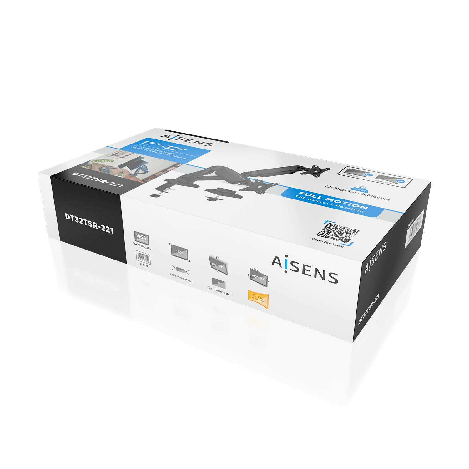 Caja de un brazo para monitor, blanca con imágenes del producto y descripciones de texto.