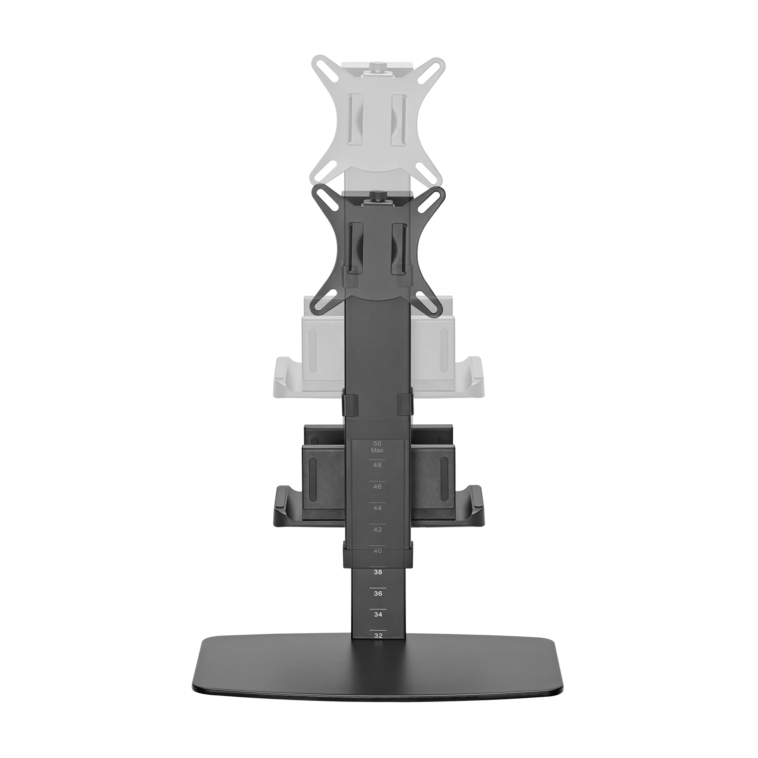 Soporte de monitor negro con altura ajustable, sobre base negra. Fondo blanco.