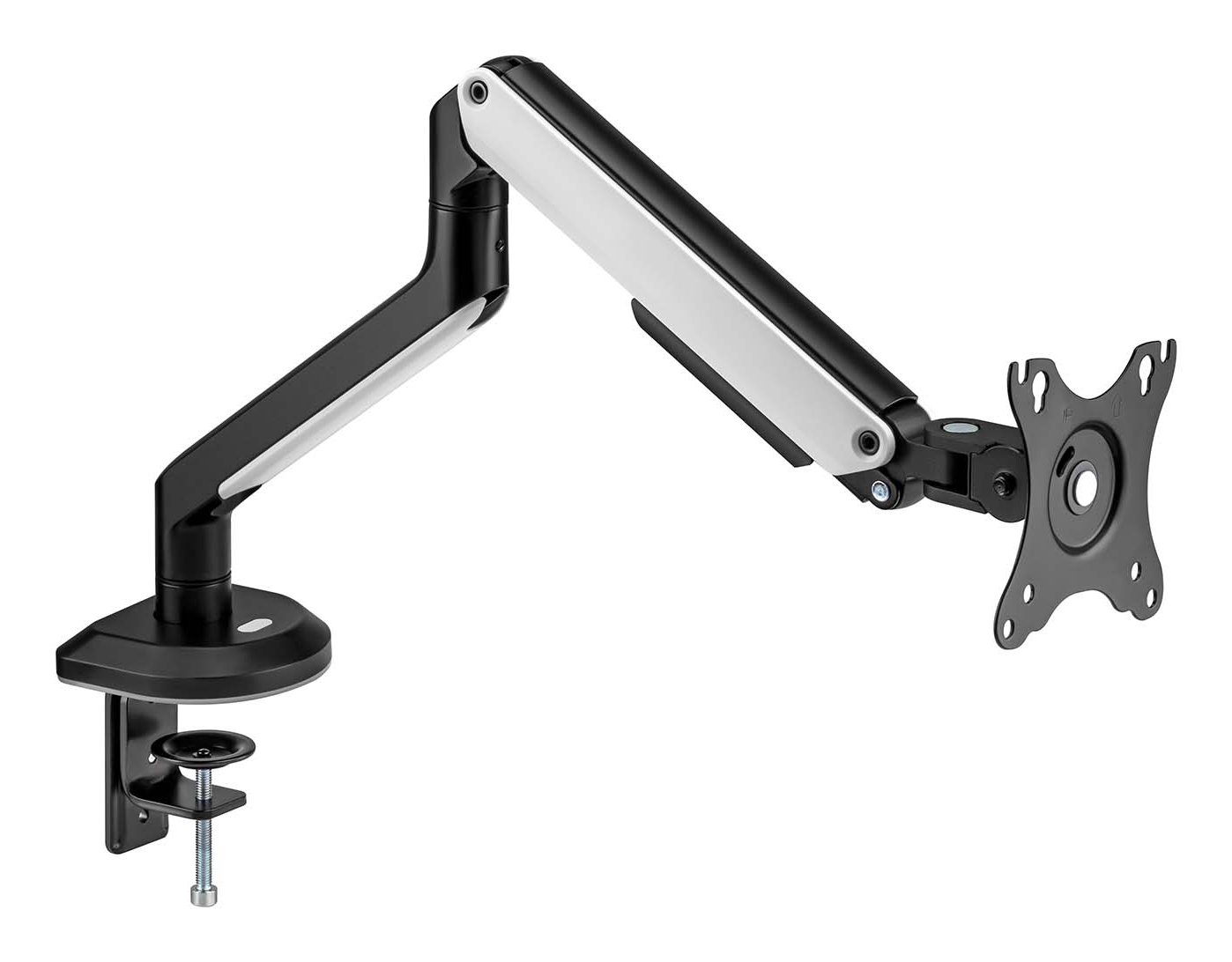 Brazo de monitor, negro y plateado, sujeto a una superficie. El brazo sujeta un soporte de monitor.