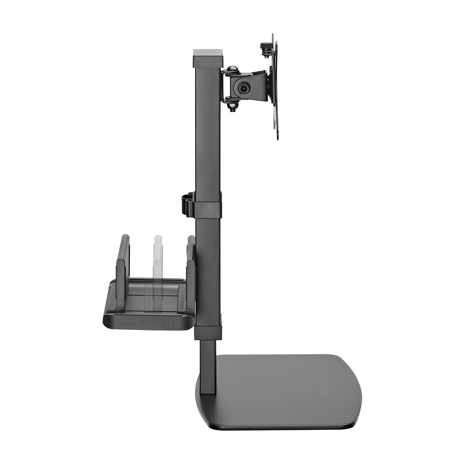 Un soporte de TV negro con un estante y un brazo de montaje. Tiene altura ajustable.