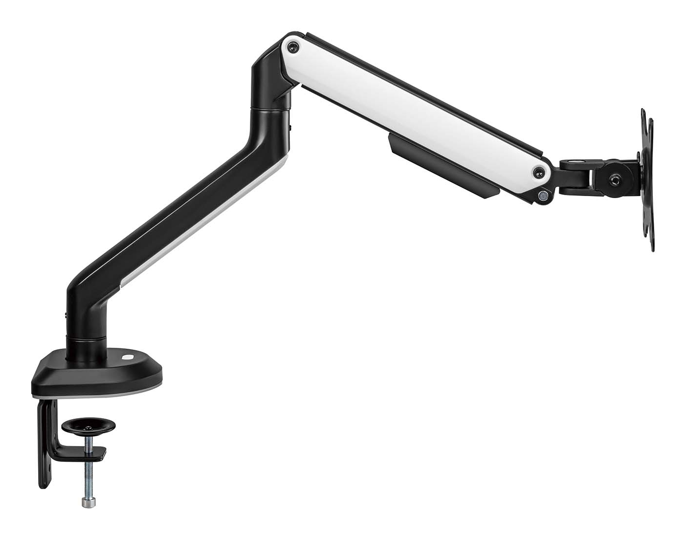 Un brazo de monitor blanco y negro sujeto a una abrazadera de escritorio. El brazo es ajustable.