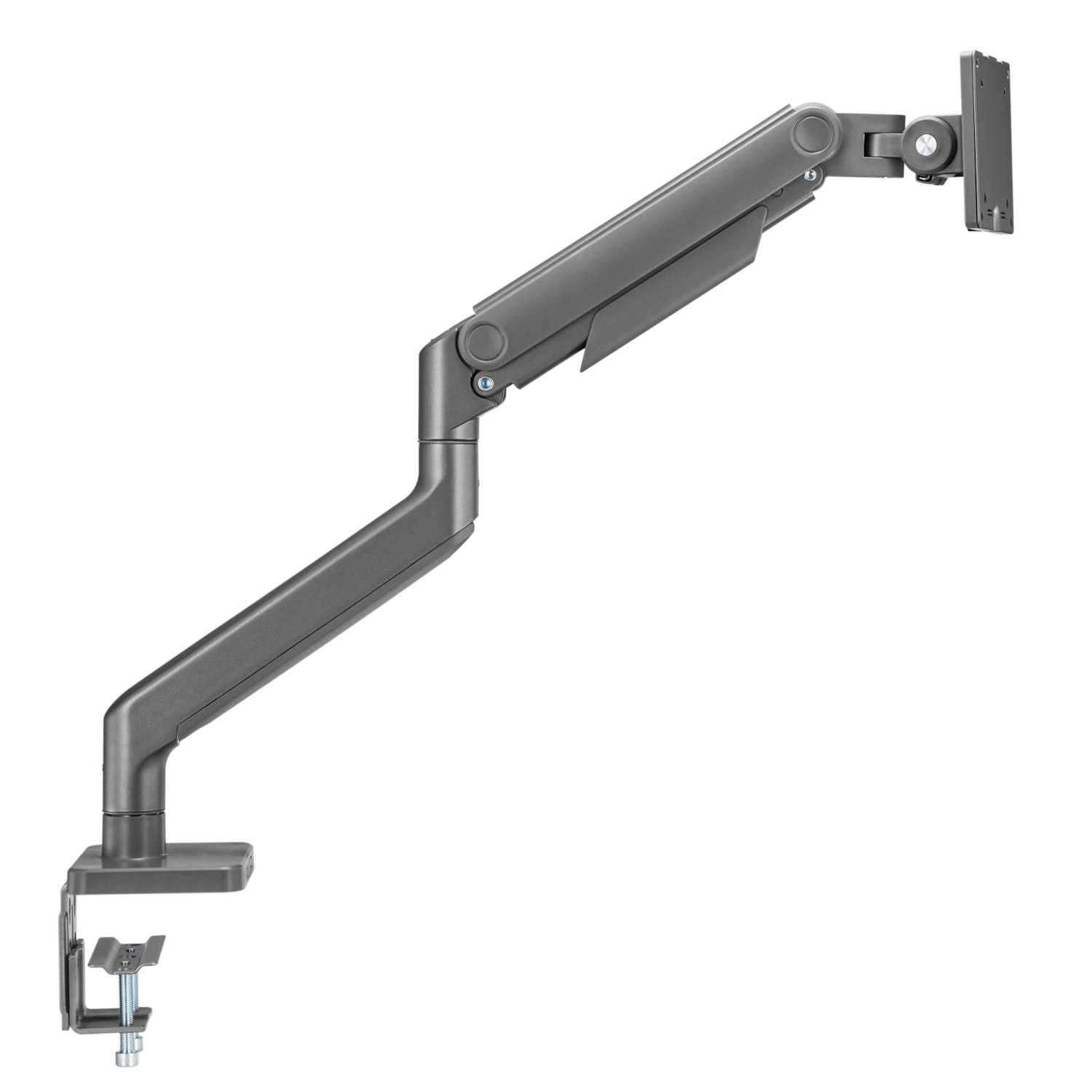 Braccio monitor grigio con morsetto, che supporta un monitor, su sfondo bianco.
