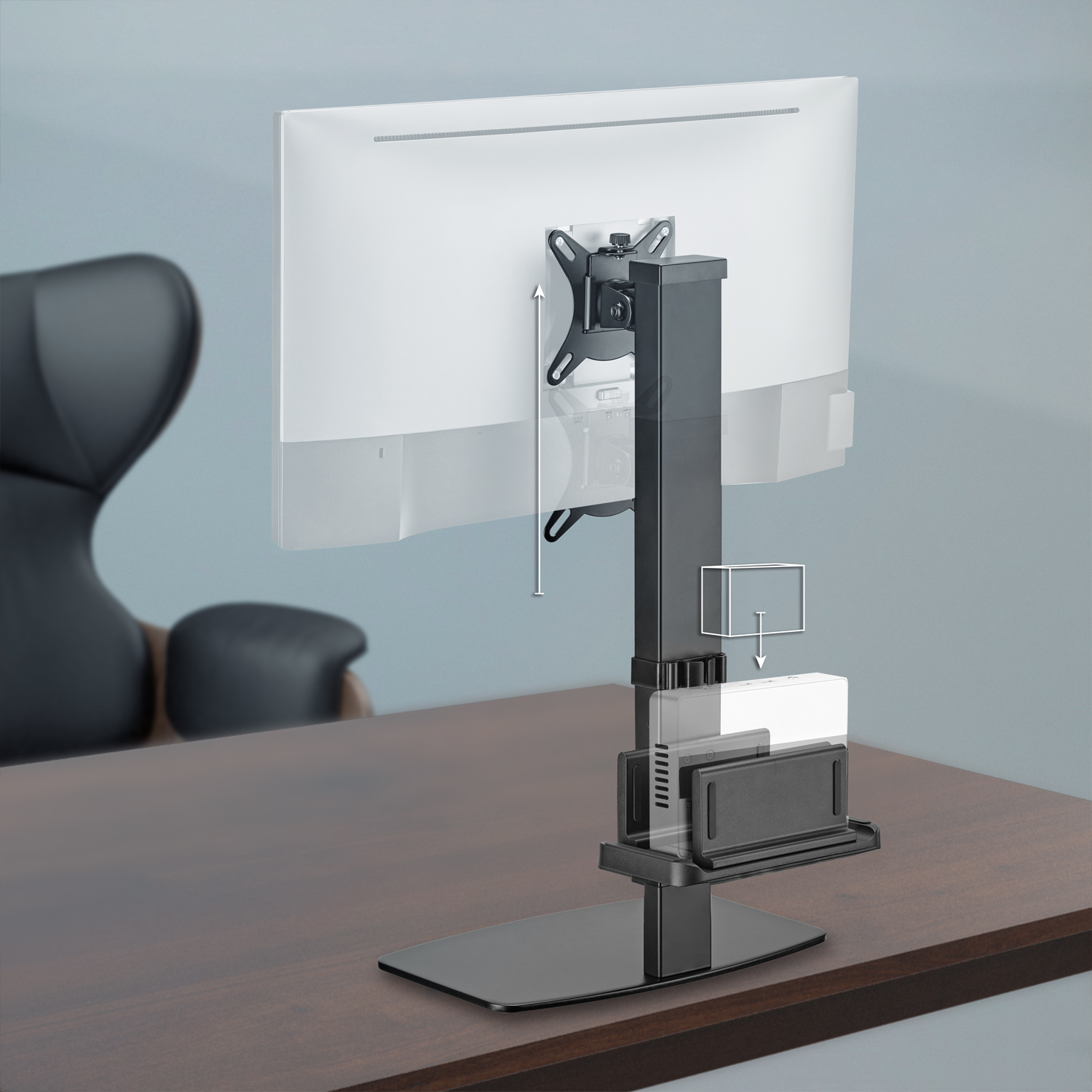 Un monitor está montado en un soporte negro. El soporte tiene una base y ajuste de altura.