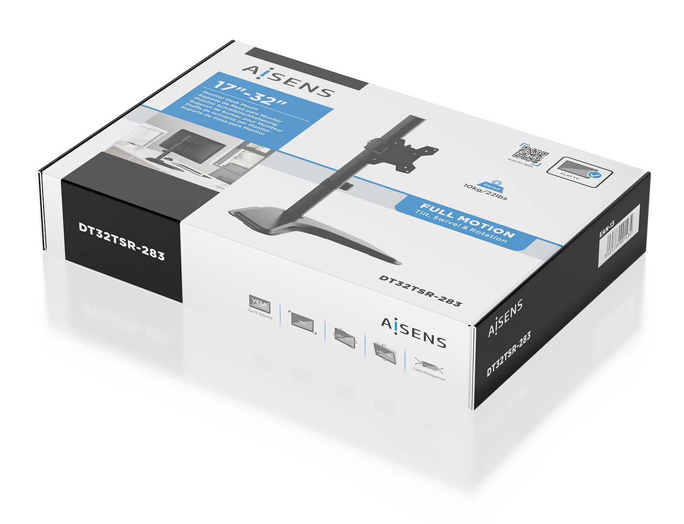 Una caja blanca y negra con texto, que anuncia un soporte para monitor. El soporte y el monitor son visibles en una imagen en la caja.
