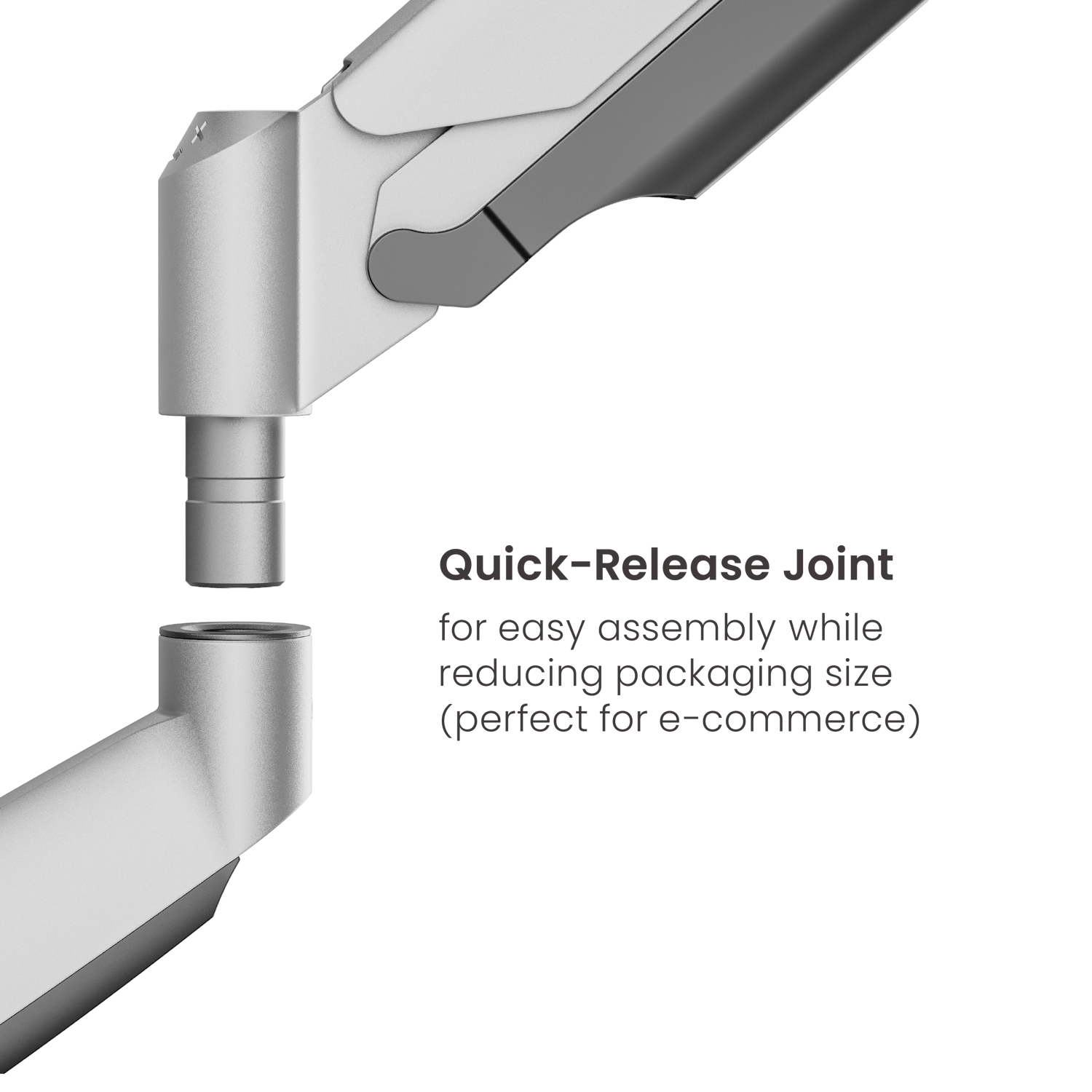 Srebrne ramię mechaniczne z szybkozłączem. Tekst wskazuje na łatwy montaż i zmniejszony rozmiar opakowania.