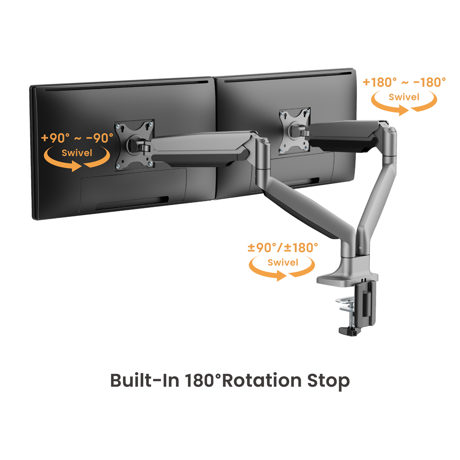 Ramię do dwóch monitorów, srebrne, ze wskaźnikami obrotu. Wyświetla zakres ruchu.