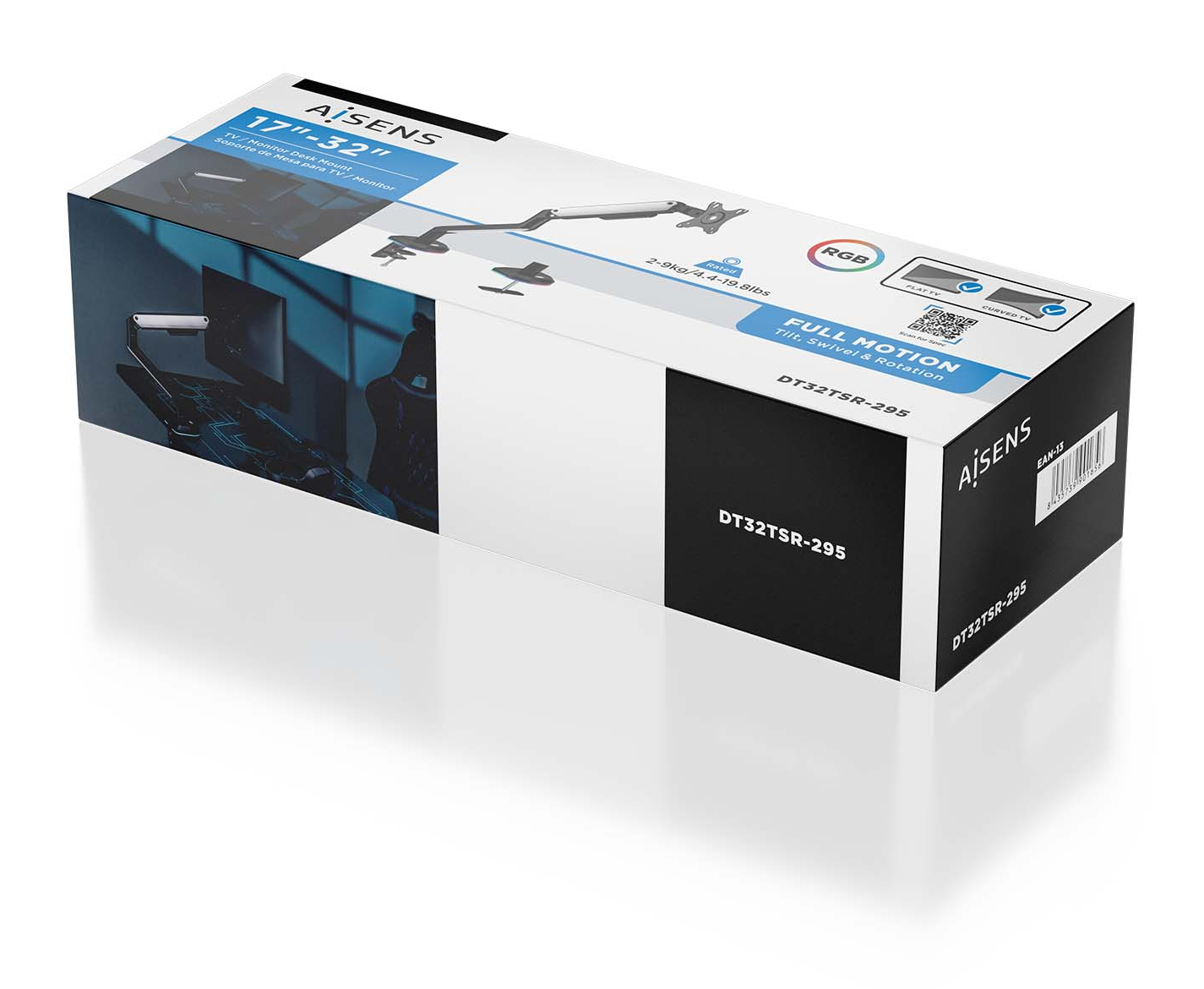 Caja de un brazo de monitor, con imagen de monitor. Texto: "Full Motion" y "DT32TSR-295".