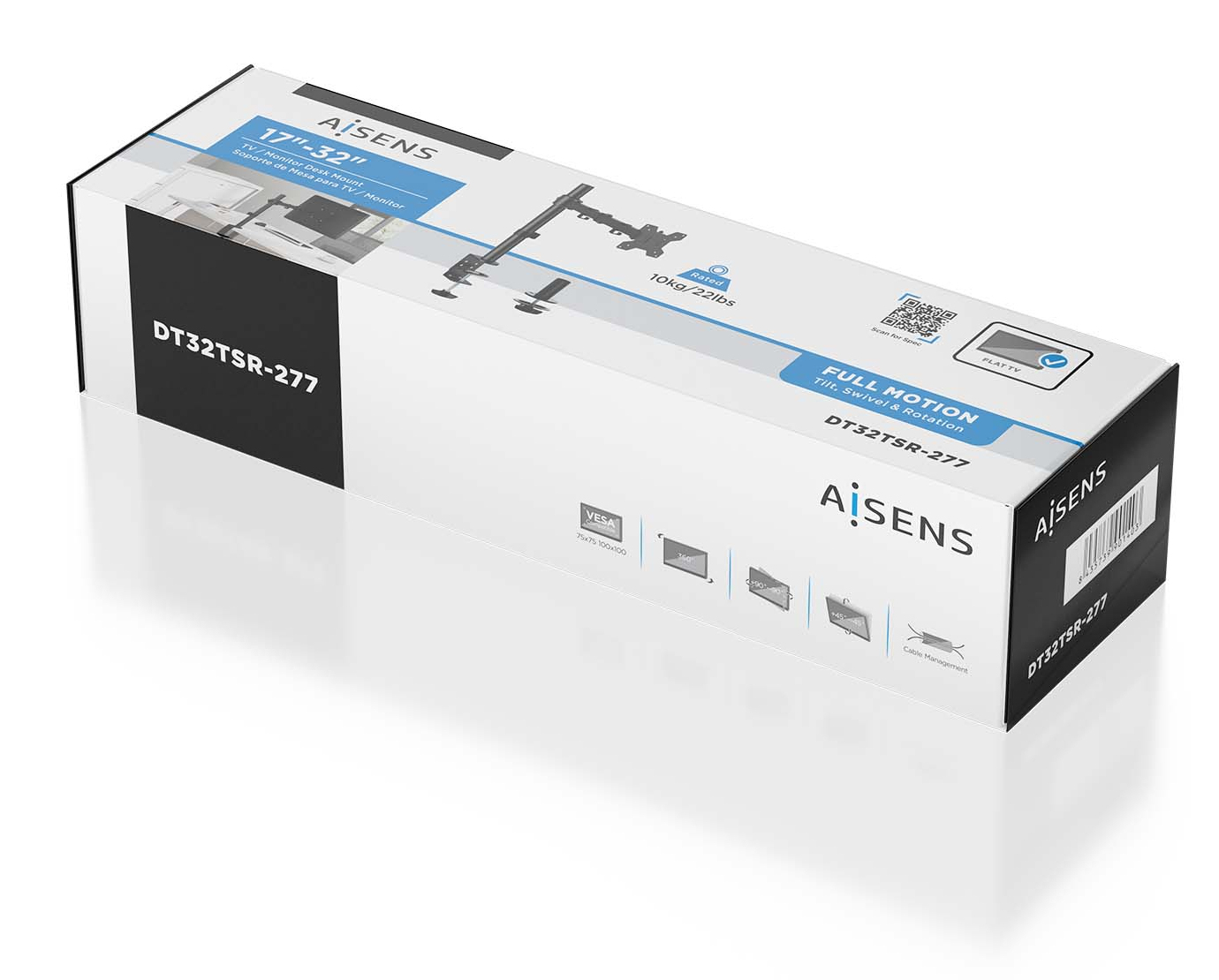 Caja para un brazo de monitor. Caja blanca y negra con detalles e imágenes del producto.