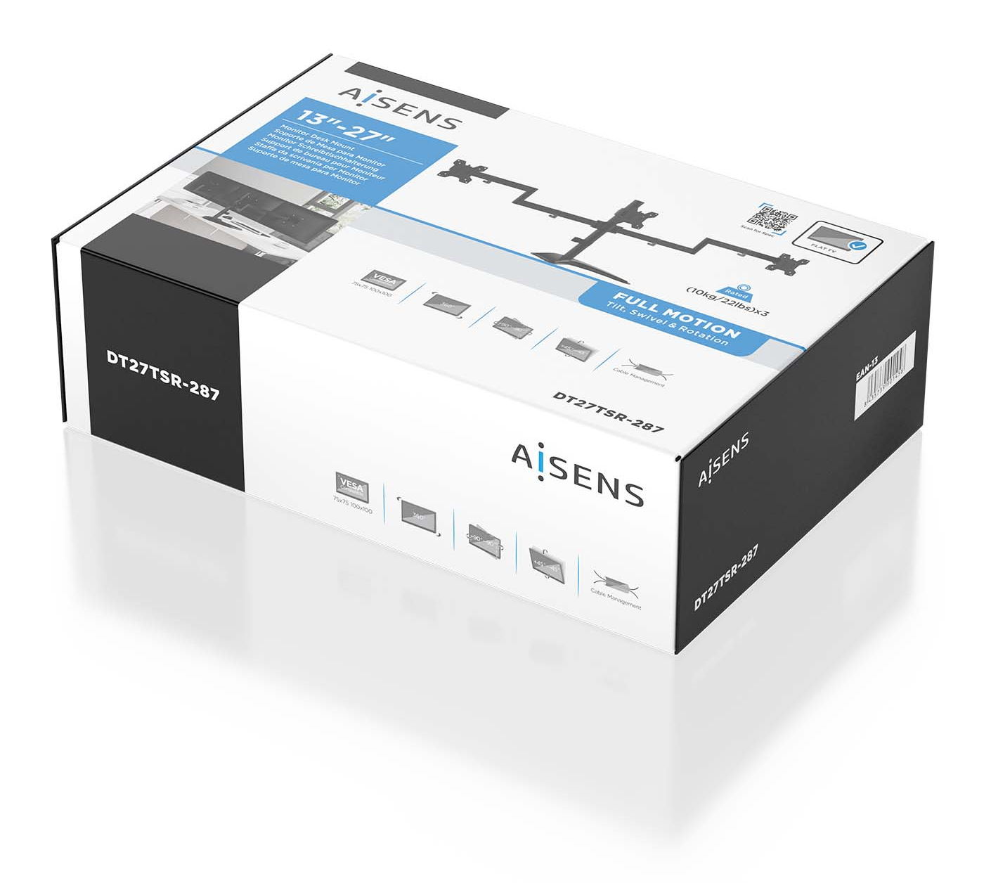 Caja para soporte de monitor. Texto: AISENS, DT27TSR-287, Rotación basculante y giratoria.