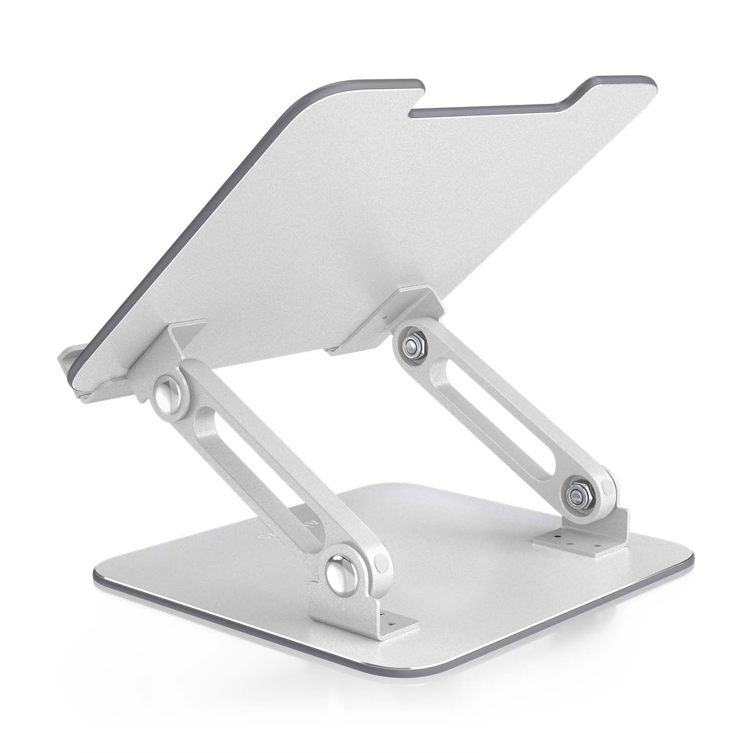 Een zilveren laptopstandaard met verstelbare armen. Het staat op een wit oppervlak.
