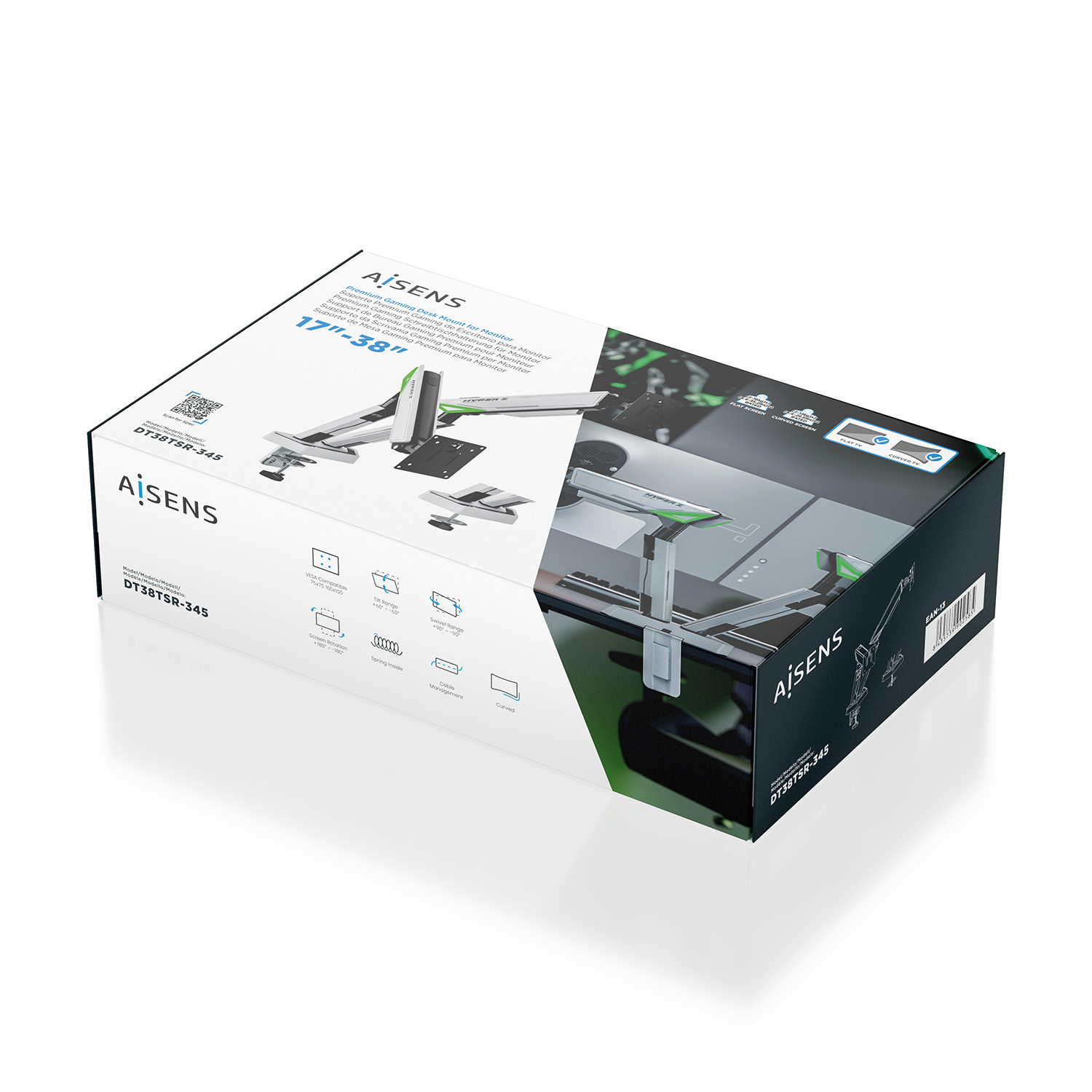 Una caja de un brazo de monitor con la marca Aisens.