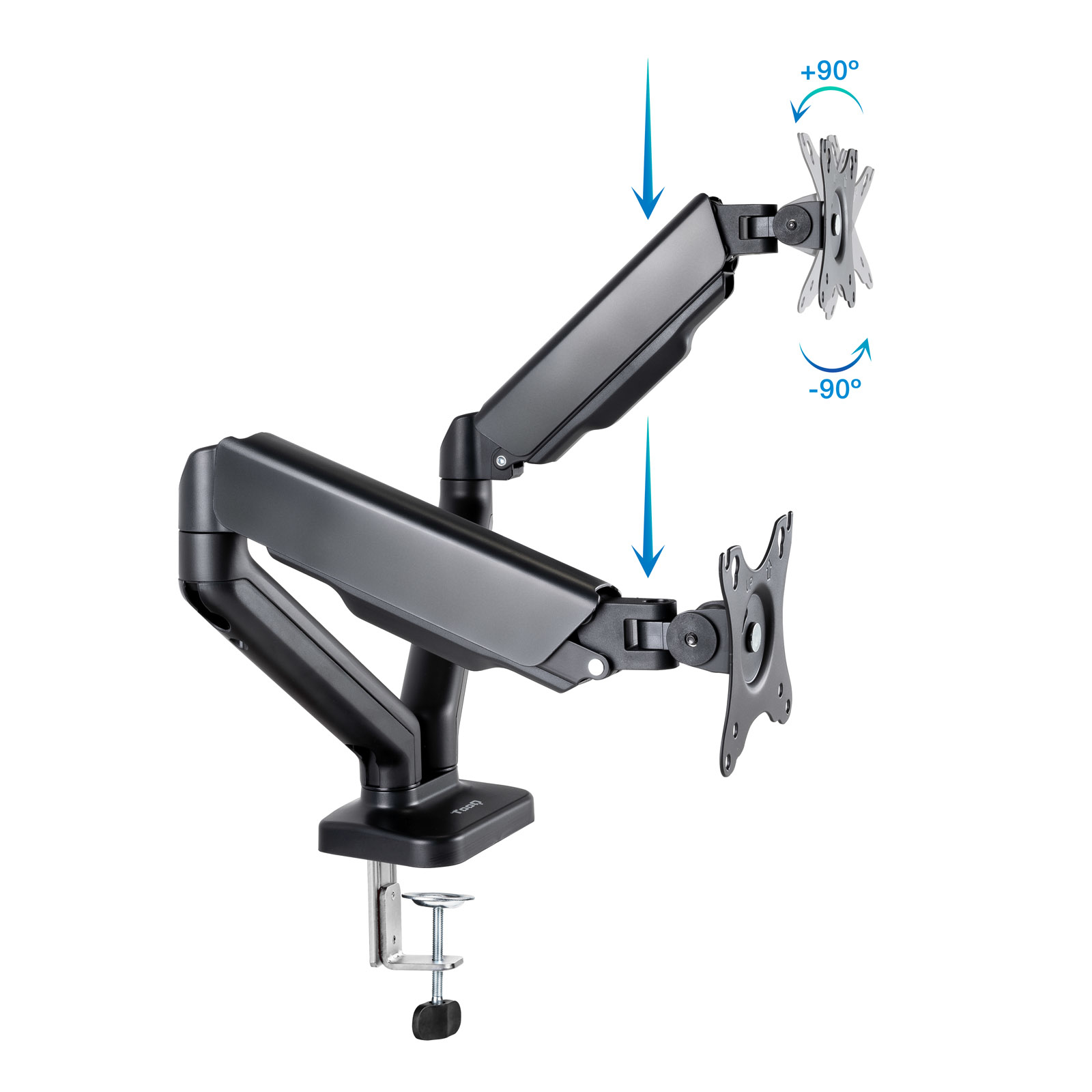 Czarny podwójny uchwyt do monitora, z dwoma ekranami, białe tło.