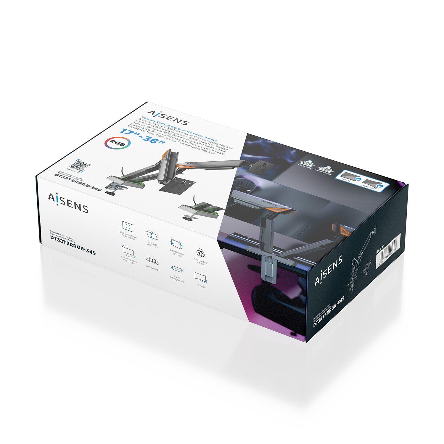 Aisens monitorarmdoos. De doos is wit, blauw en zwart met productdetails en afbeeldingen.