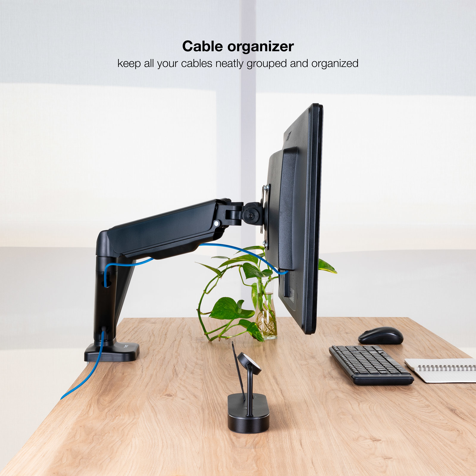 Drewniane biurko z ramieniem monitora trzymającym monitor. Widoczna jest również klawiatura, mysz i roślina.