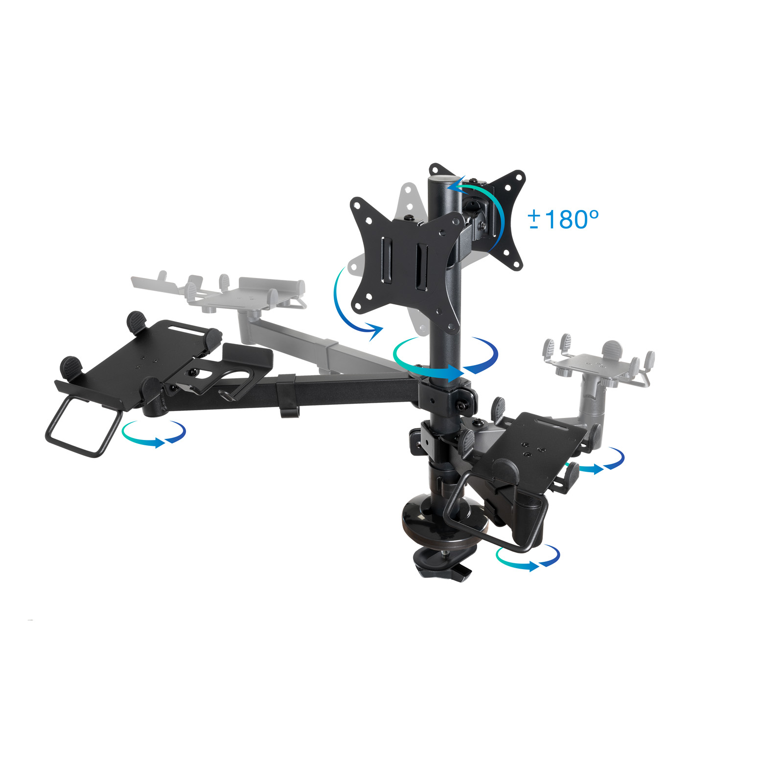 Ramię monitora z wieloma punktami obrotu, pokazujące zakres ruchu za pomocą strzałek.
