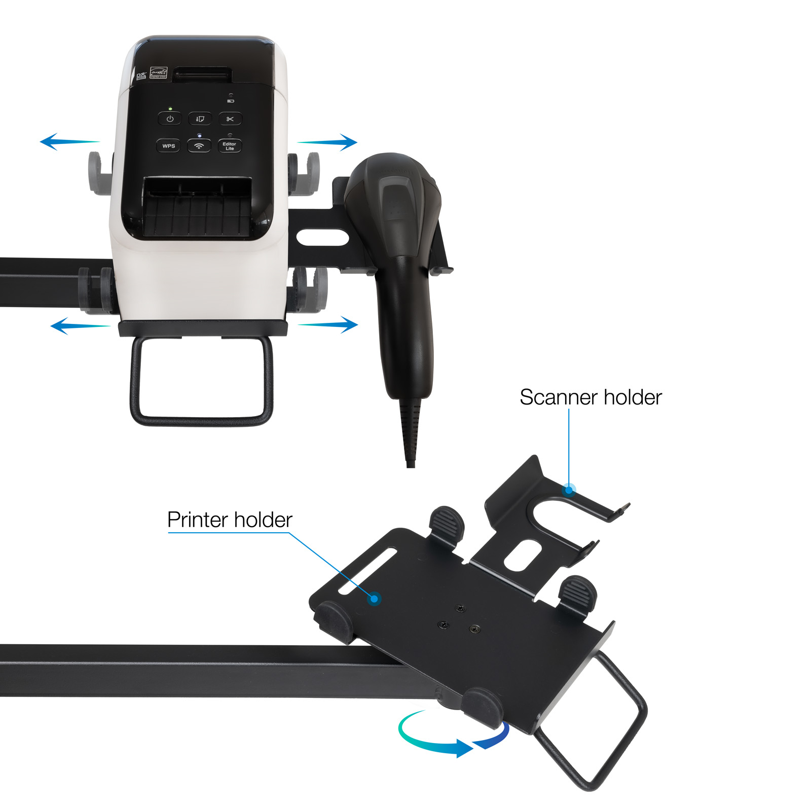 Czarne uchwyty na drukarkę i skaner zamontowane na czarnym pręcie. Strzałki wskazują regulacje.
