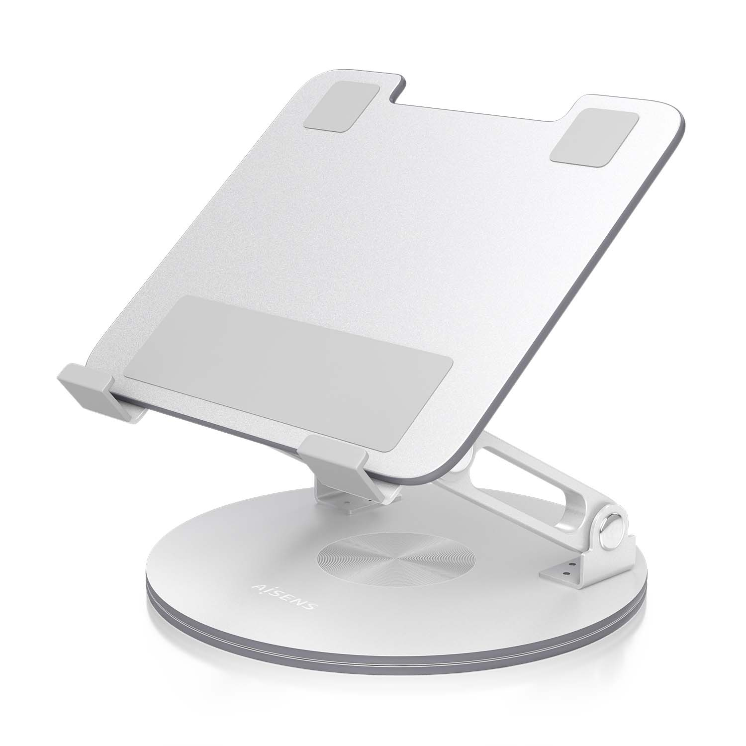 Zilveren laptopstandaard, verstelbaar, met een ronde voet.