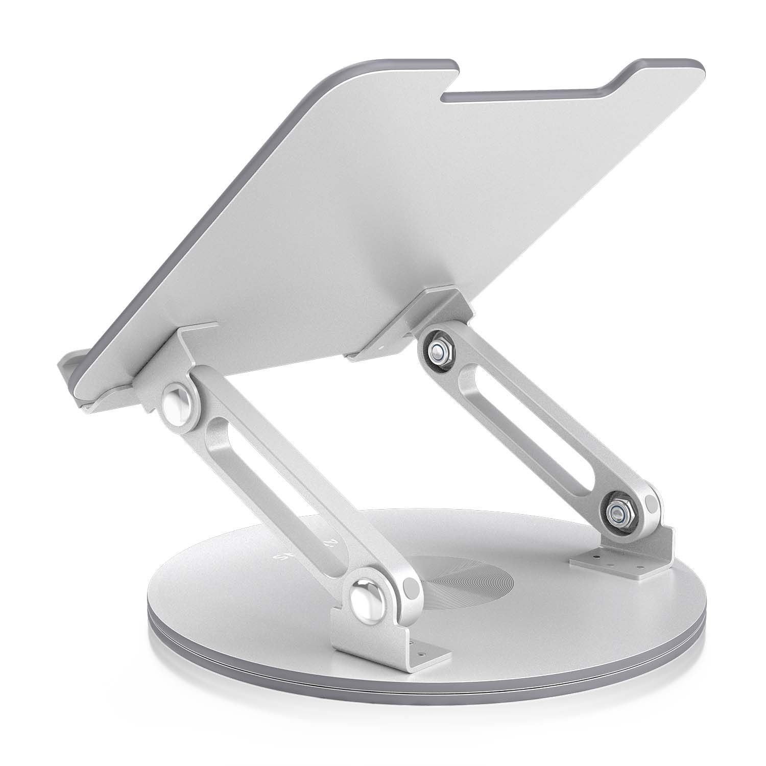 Zilveren laptopstandaard met verstelbare armen en een cirkelvormige basis, omhoog gekanteld.
