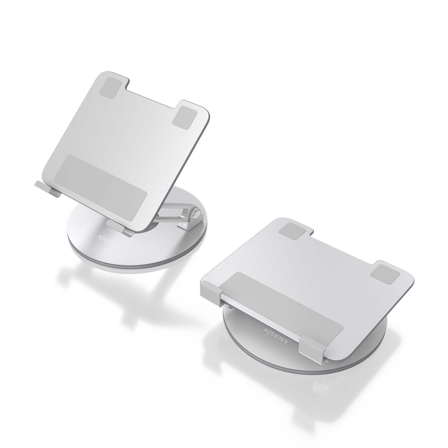 Twee witte laptopstandaards schuin op een wit oppervlak, met een modern design.