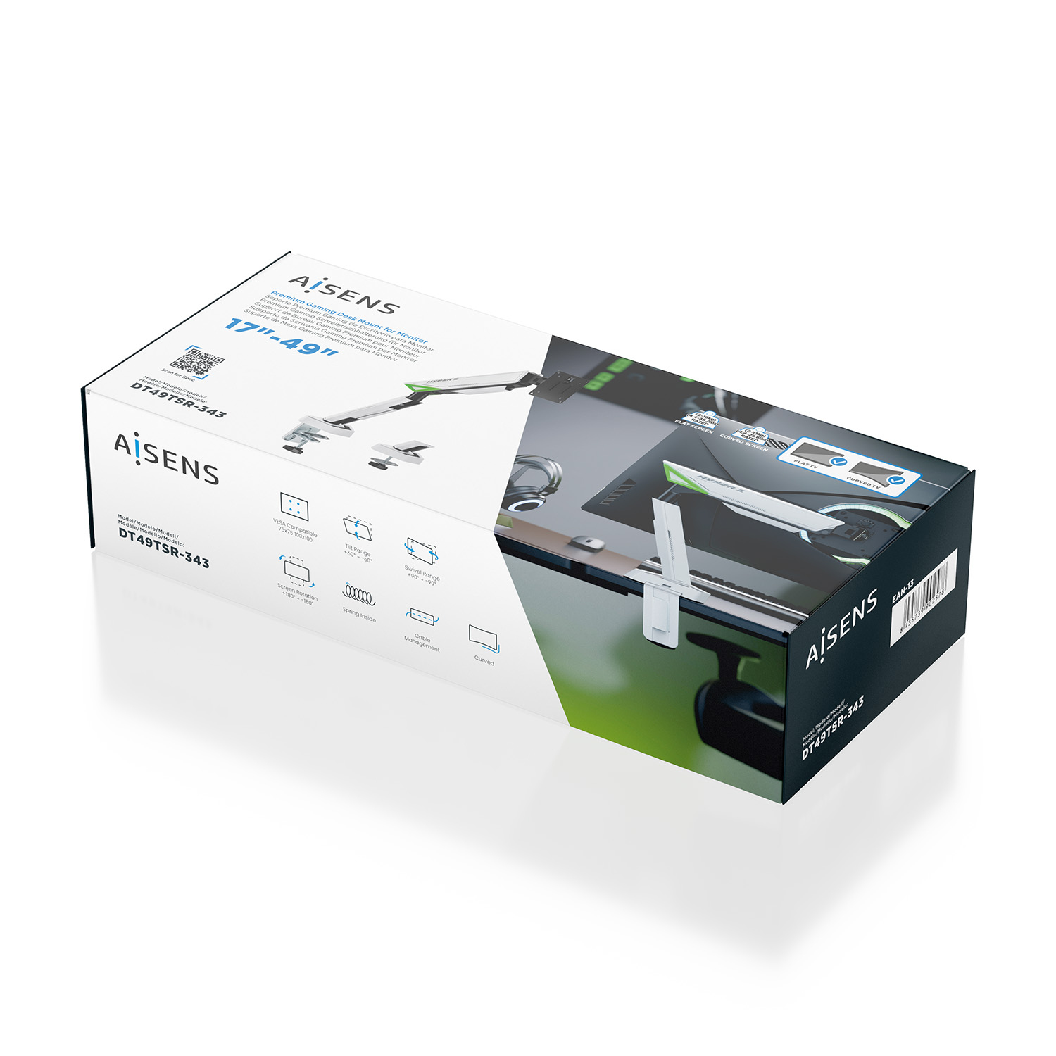 Biało-czarne pudełko produktu z etykietą AiSens DT49TSR-343, z grafiką stojaka na monitor.