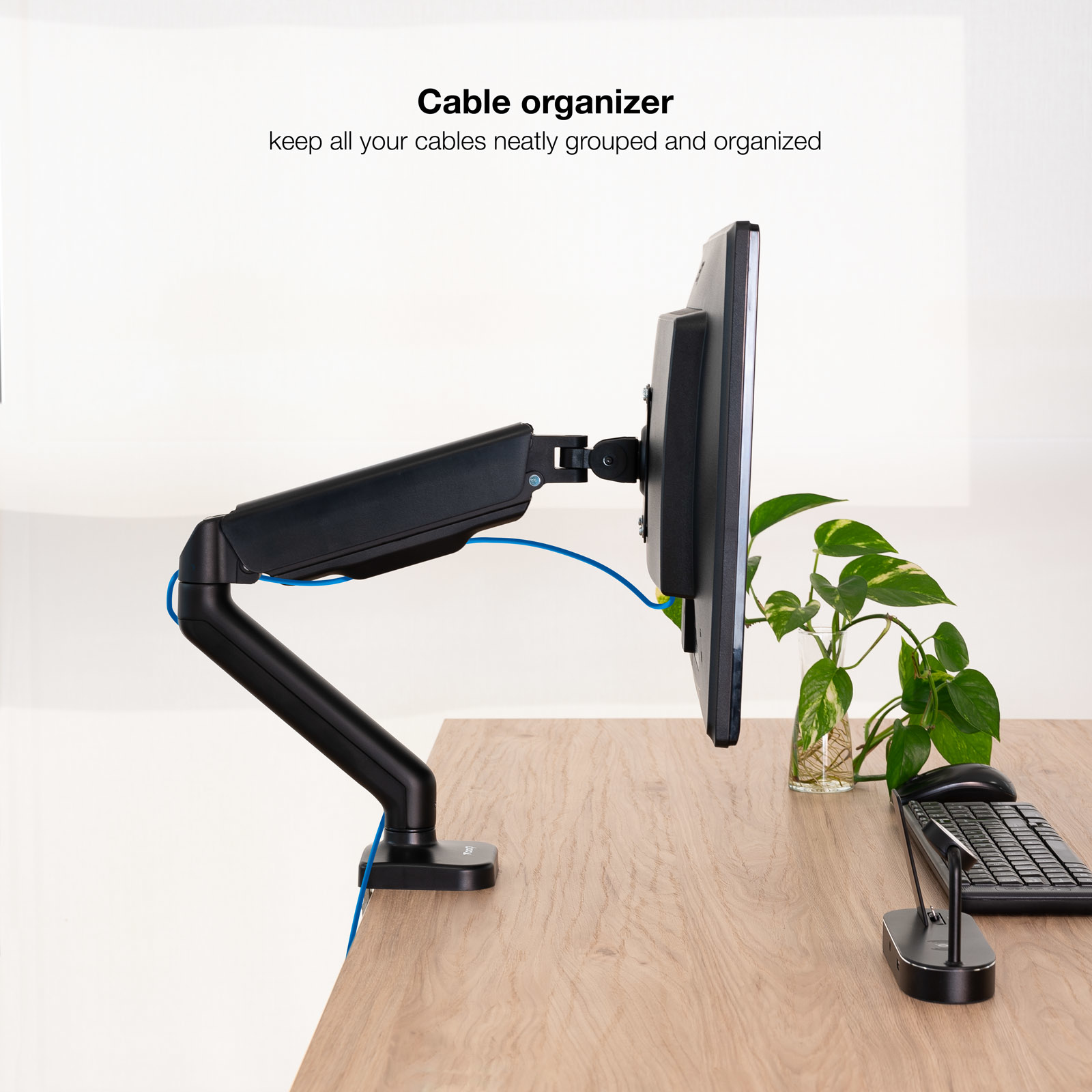 Ein Monitor, der auf einem Ständer mit Kabeln montiert ist. Ein Schreibtisch mit Maus, Tastatur und Pflanze ist sichtbar.