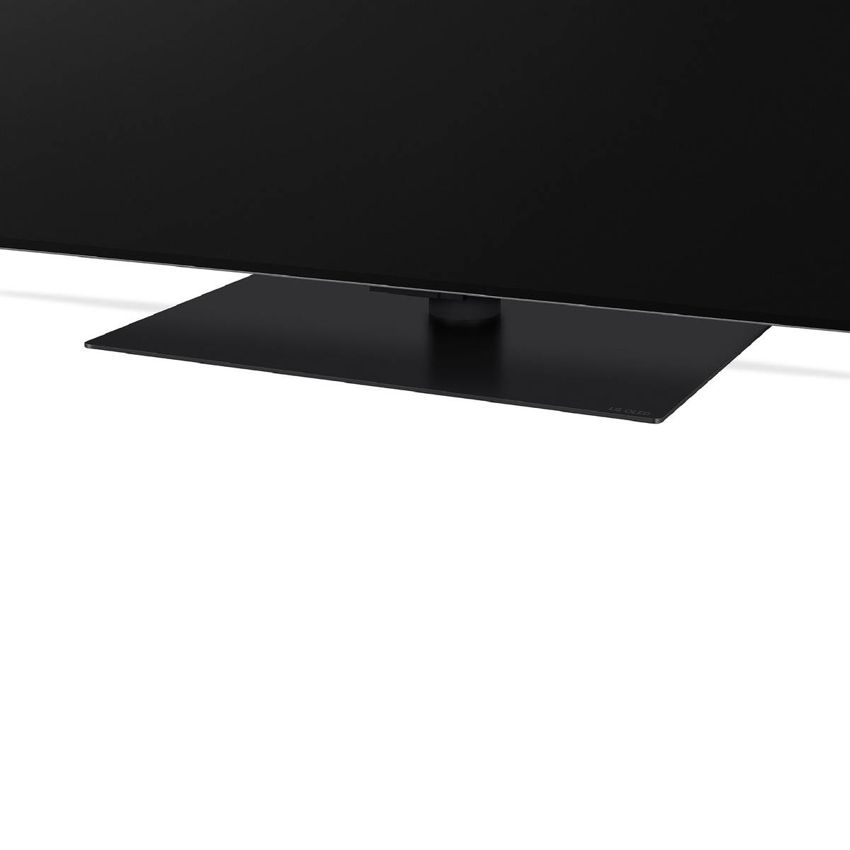 Soporte de TV negro con TV negro encima, fondo blanco.