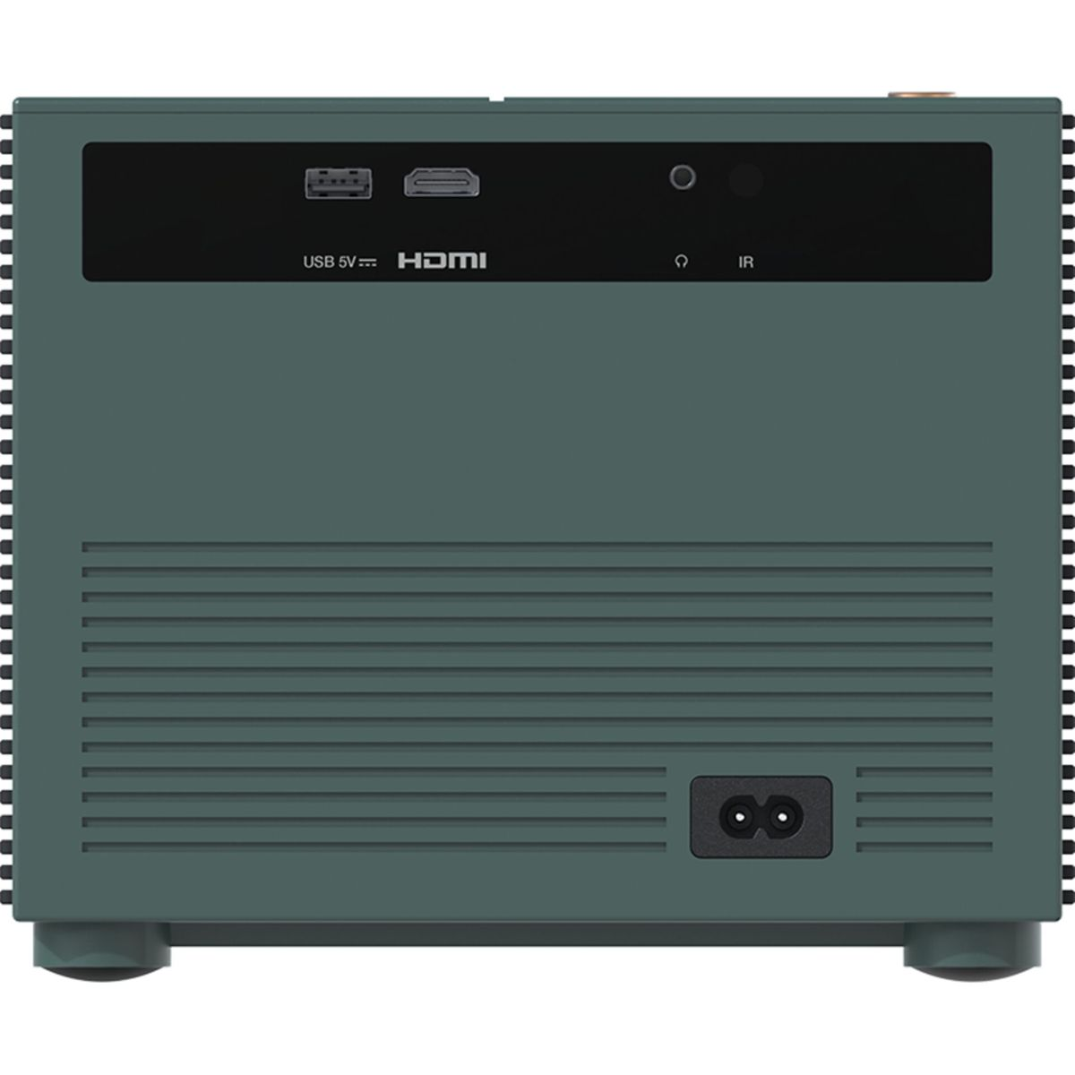 Zielony projektor z portami połączeniowymi z tyłu.