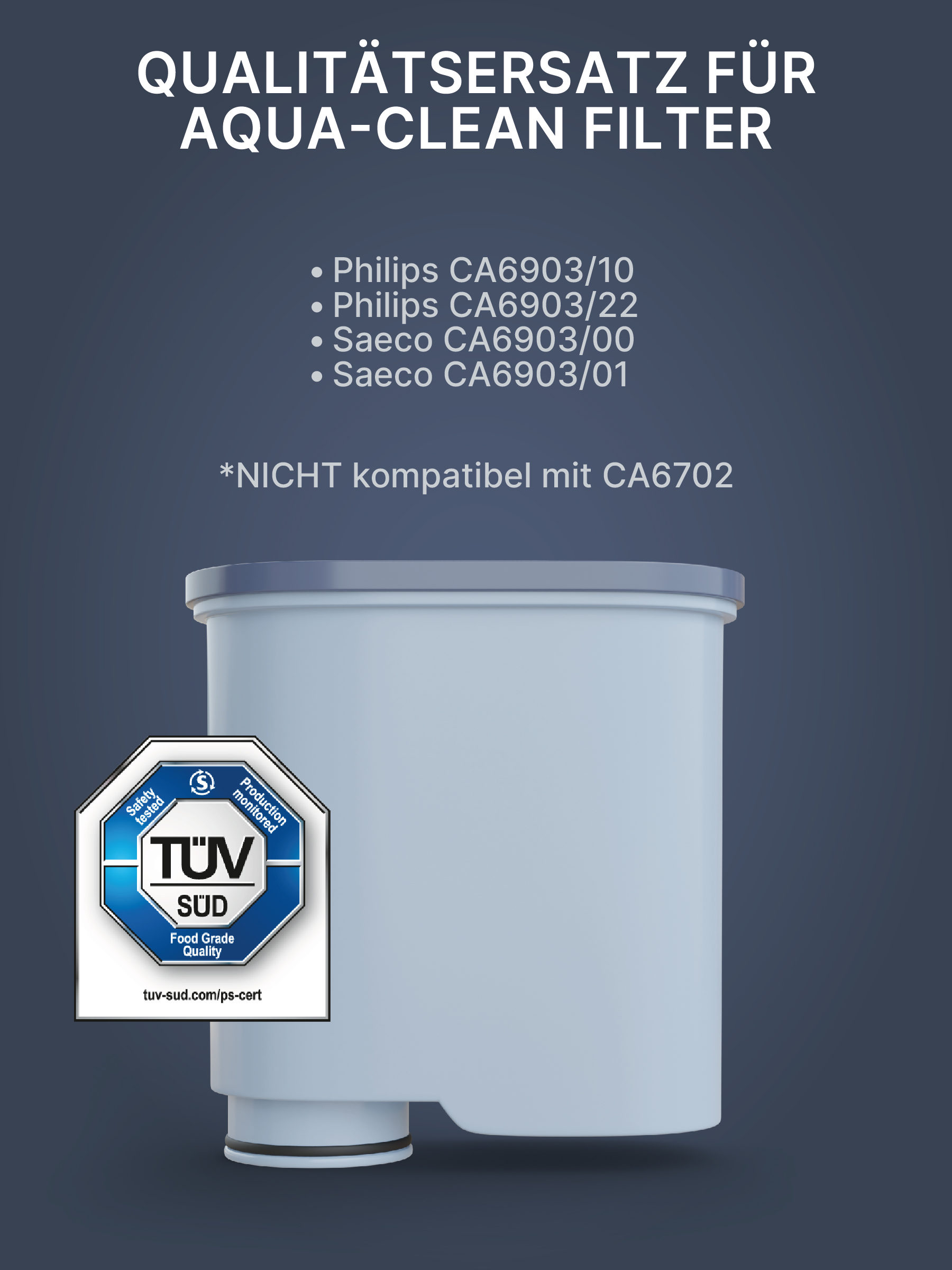 Weiß-blauer Filter mit Produktinfo und Liste kompatibler Modelle.