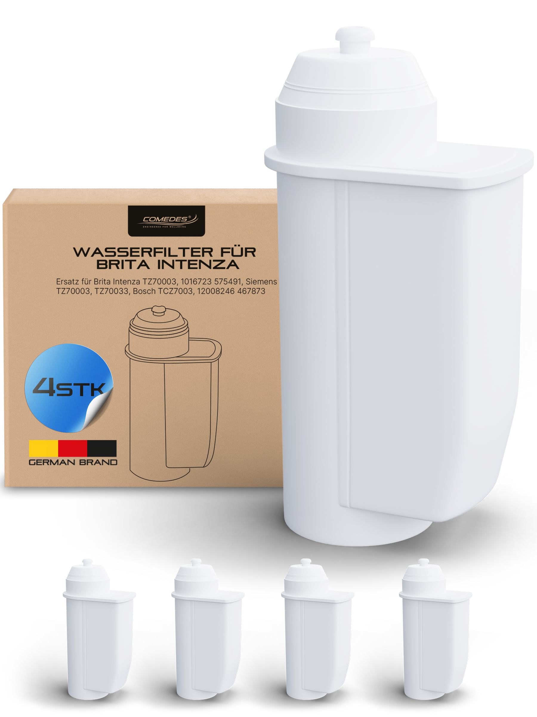 Ein Wasserfilter mit einer Box und ein paar weiteren Filtern. Auf der Box steht 'Wasserfilter für Brita Intenza'.