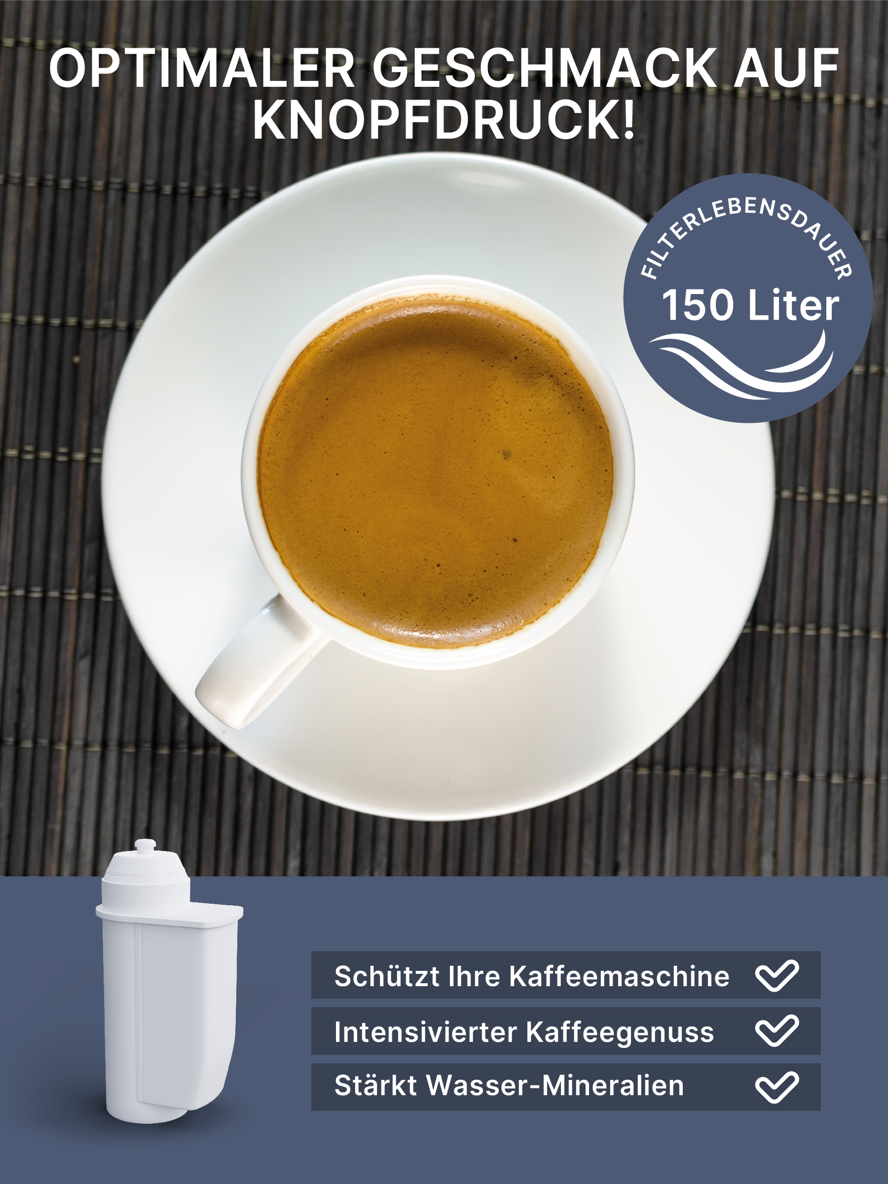Eine Tasse Kaffee auf einem weißen Teller. Ein Kaffeefilter wird daneben präsentiert.