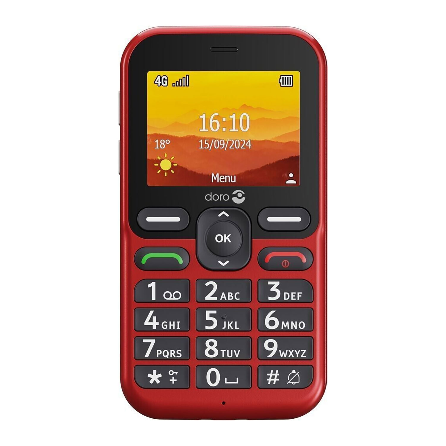 Czerwony telefon komórkowy Doro z ekranem wyświetlającym godzinę i datę oraz klawiaturą numeryczną.