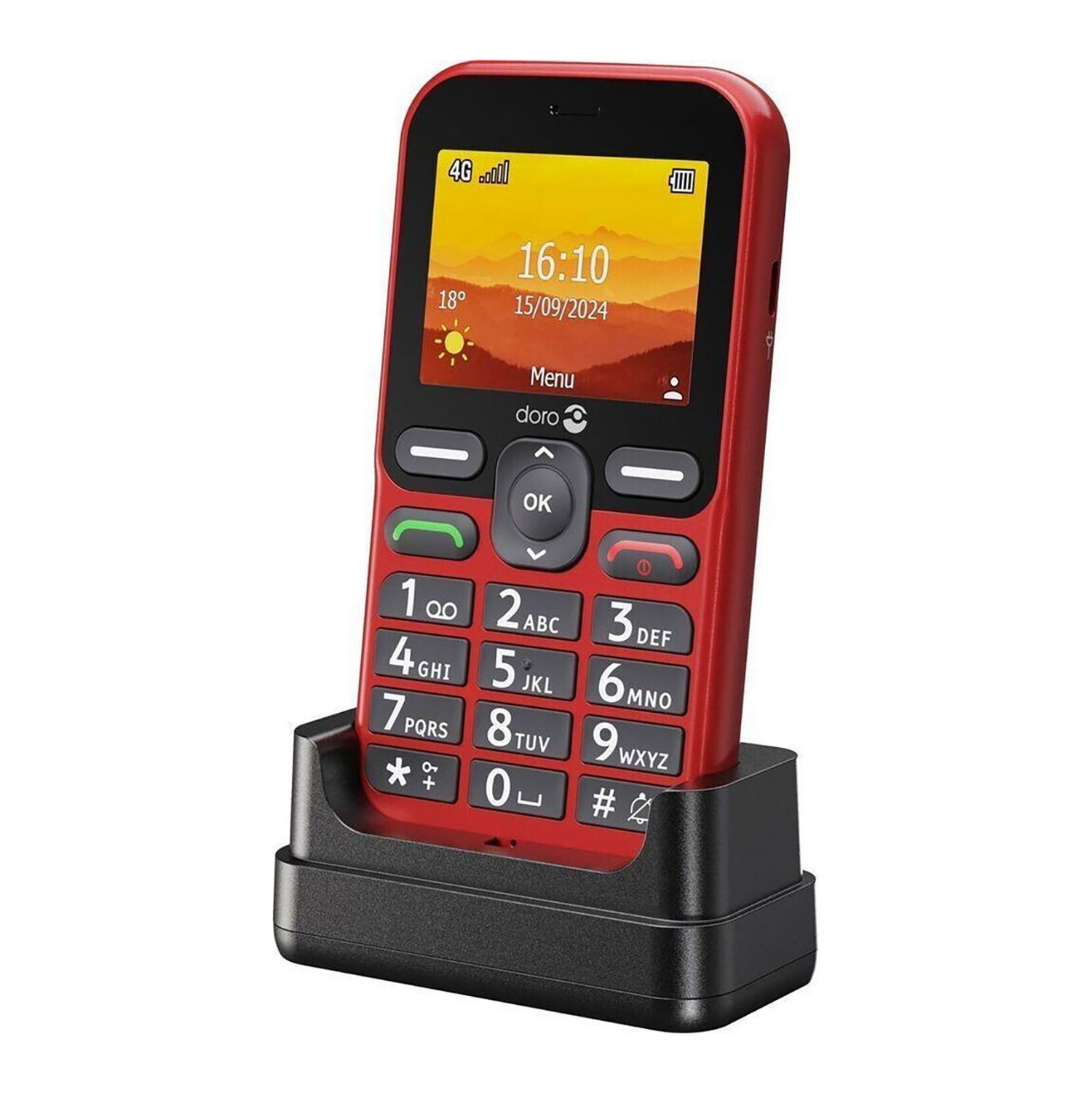 Czerwony telefon komórkowy na czarnej stacji ładującej, ekran z godziną i datą.