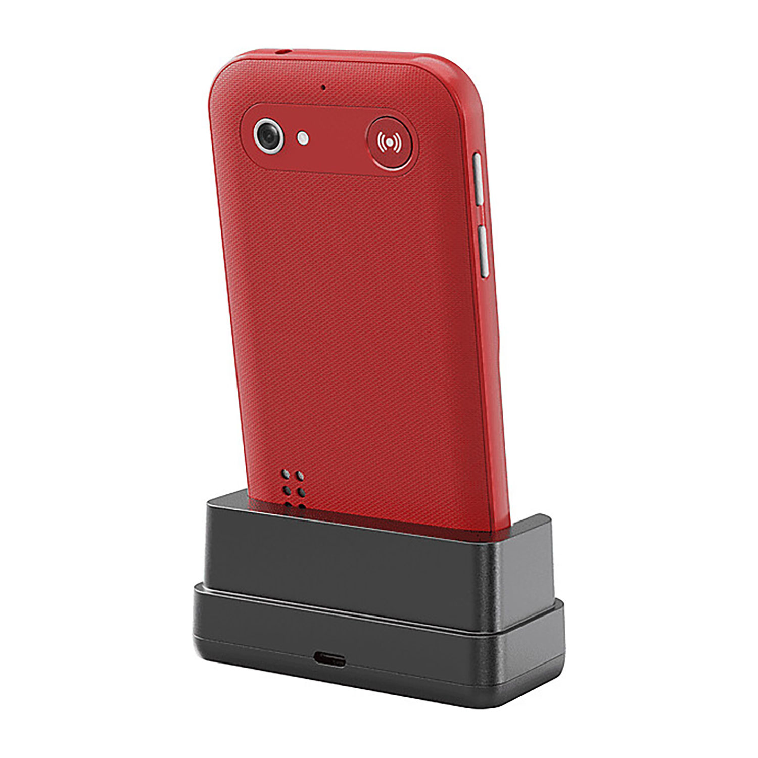 Czerwony telefon w czarnej stacji ładującej. Telefon ma aparat i przyciski. Białe tło.