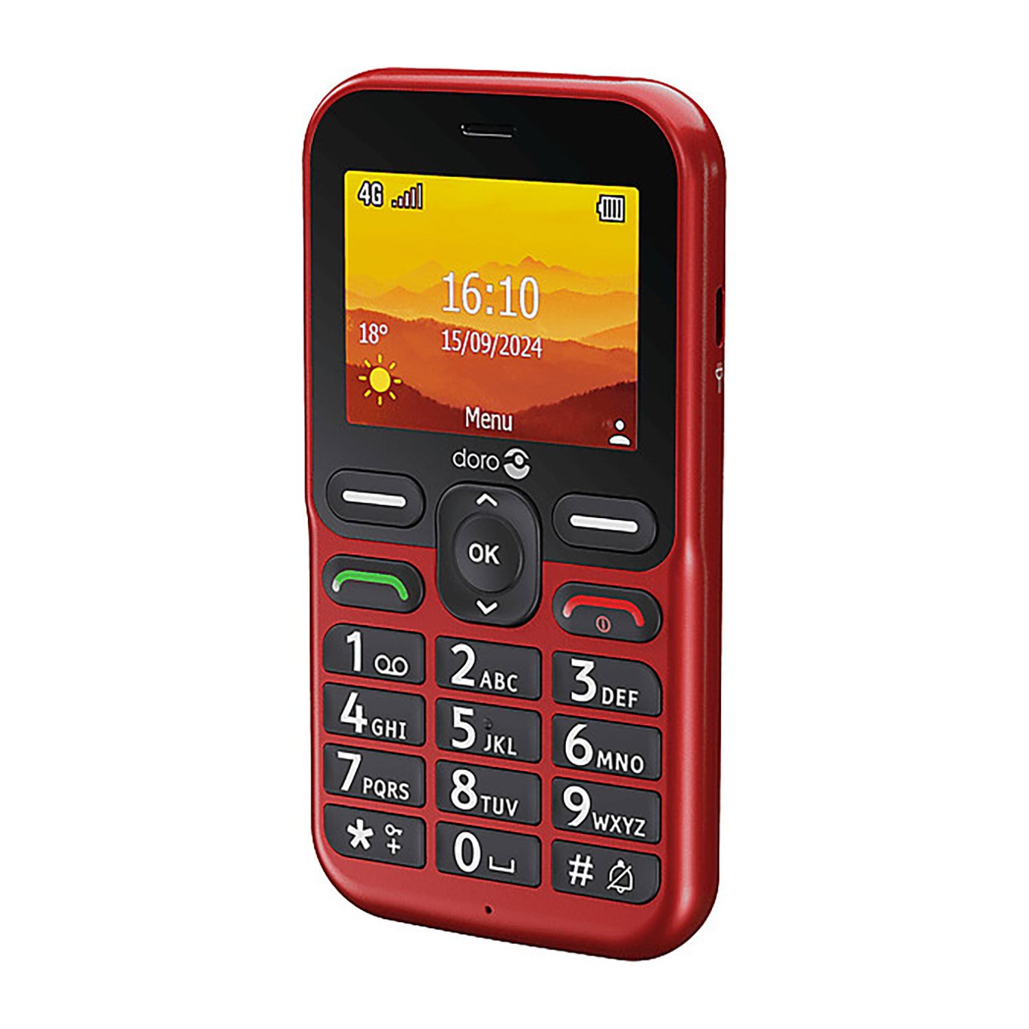 Czerwony telefon Doro z ekranem pokazującym godzinę, datę i paski sygnału. Posiada klawiaturę z dużymi przyciskami.