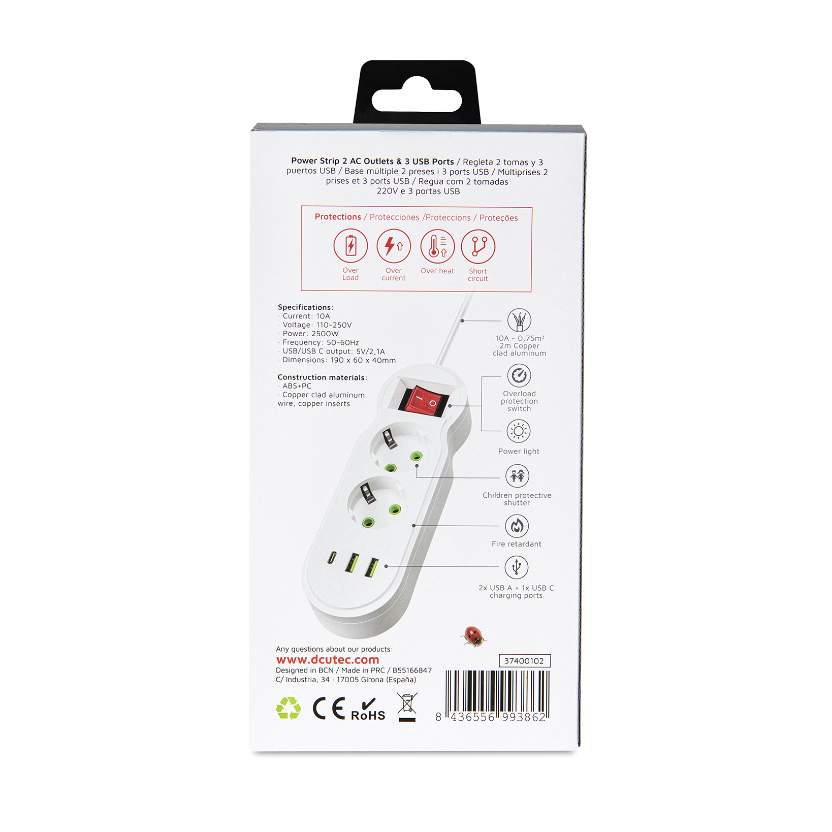 Una regleta blanca con múltiples enchufes, puertos USB y características de seguridad. Se muestra la parte trasera del embalaje.