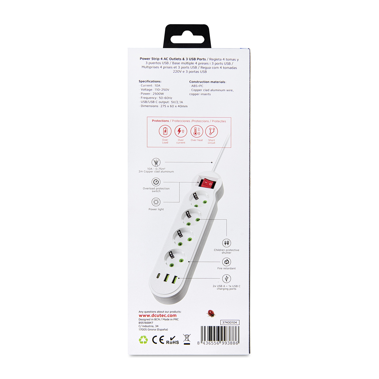 Biała listwa zasilająca, z 4 portami USB, wieloma gniazdami AC i czerwonym przełącznikiem włącz/wyłącz. Dane techniczne.