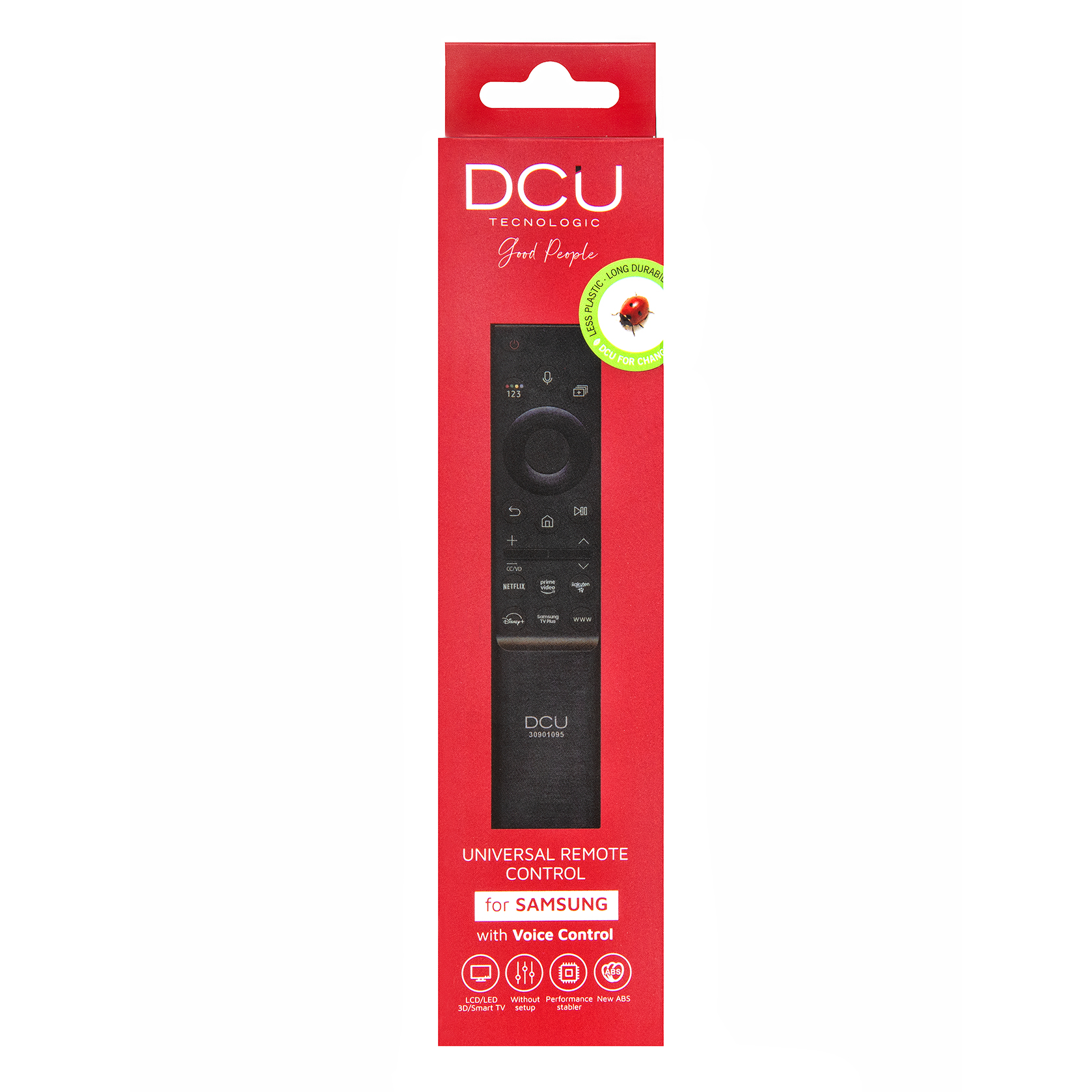 Una caja roja con un mando a distancia universal. El mando es negro y tiene varios botones.