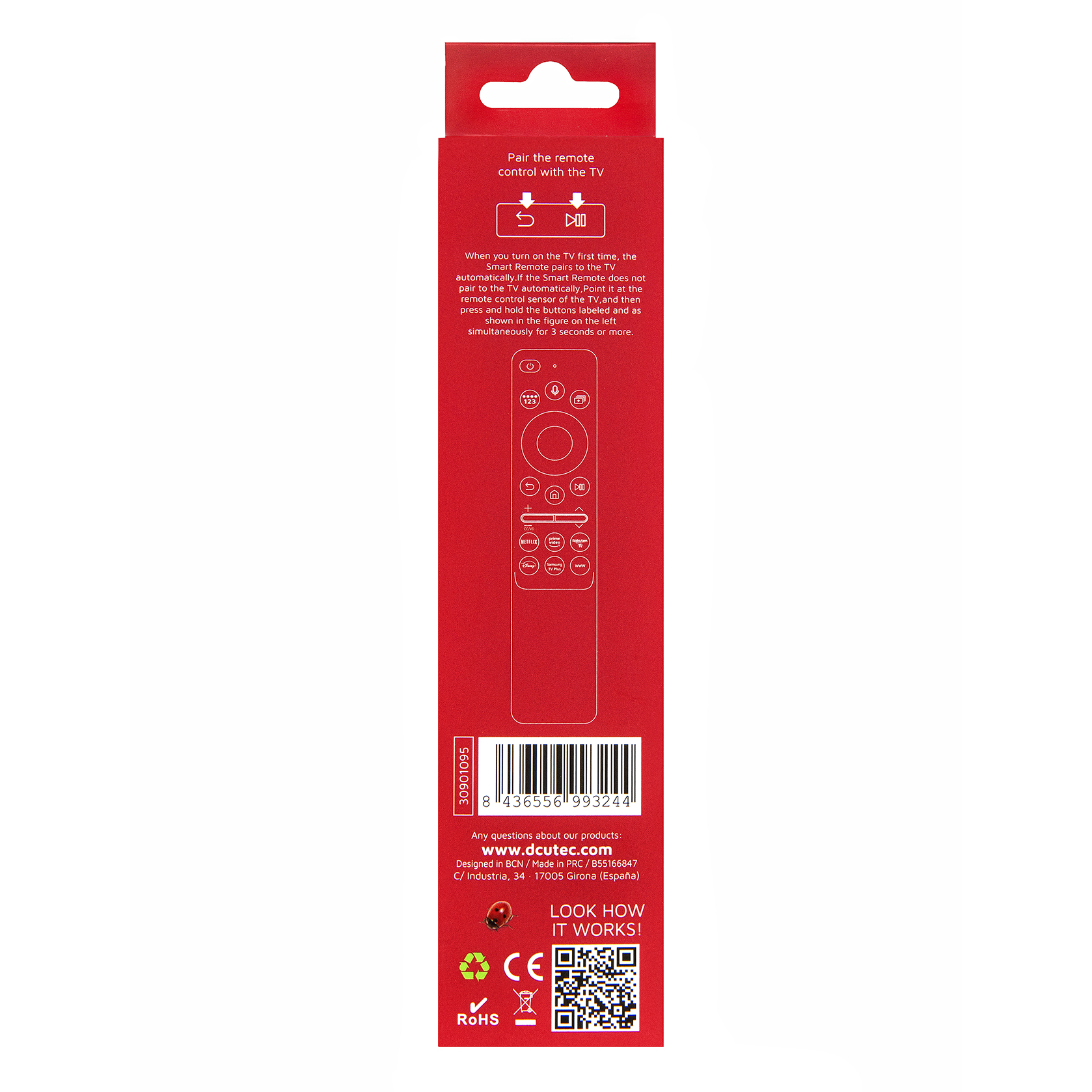 Embalaje rojo con una imagen de mando a distancia. Instrucciones sobre cómo emparejar el mando.