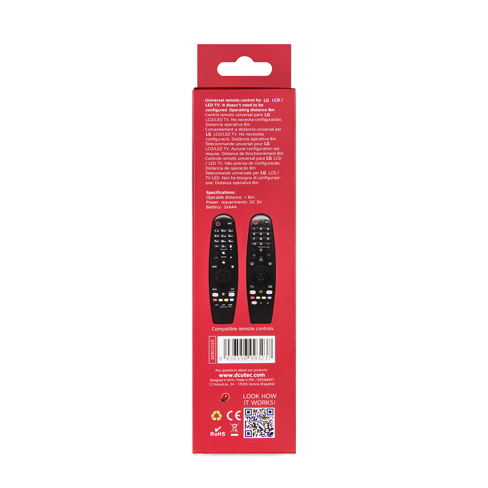 Un paquete de control remoto con dos mandos, que muestra detalles e instrucciones.