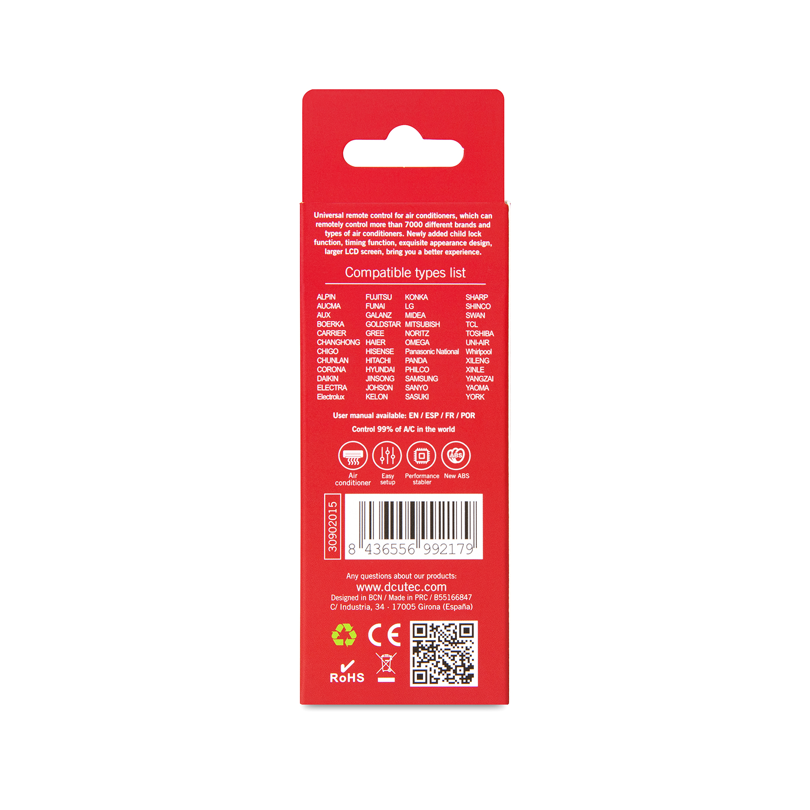 Embalaje rojo y blanco de un mando a distancia de aire acondicionado. Enumera marcas compatibles. Texto en varios idiomas.