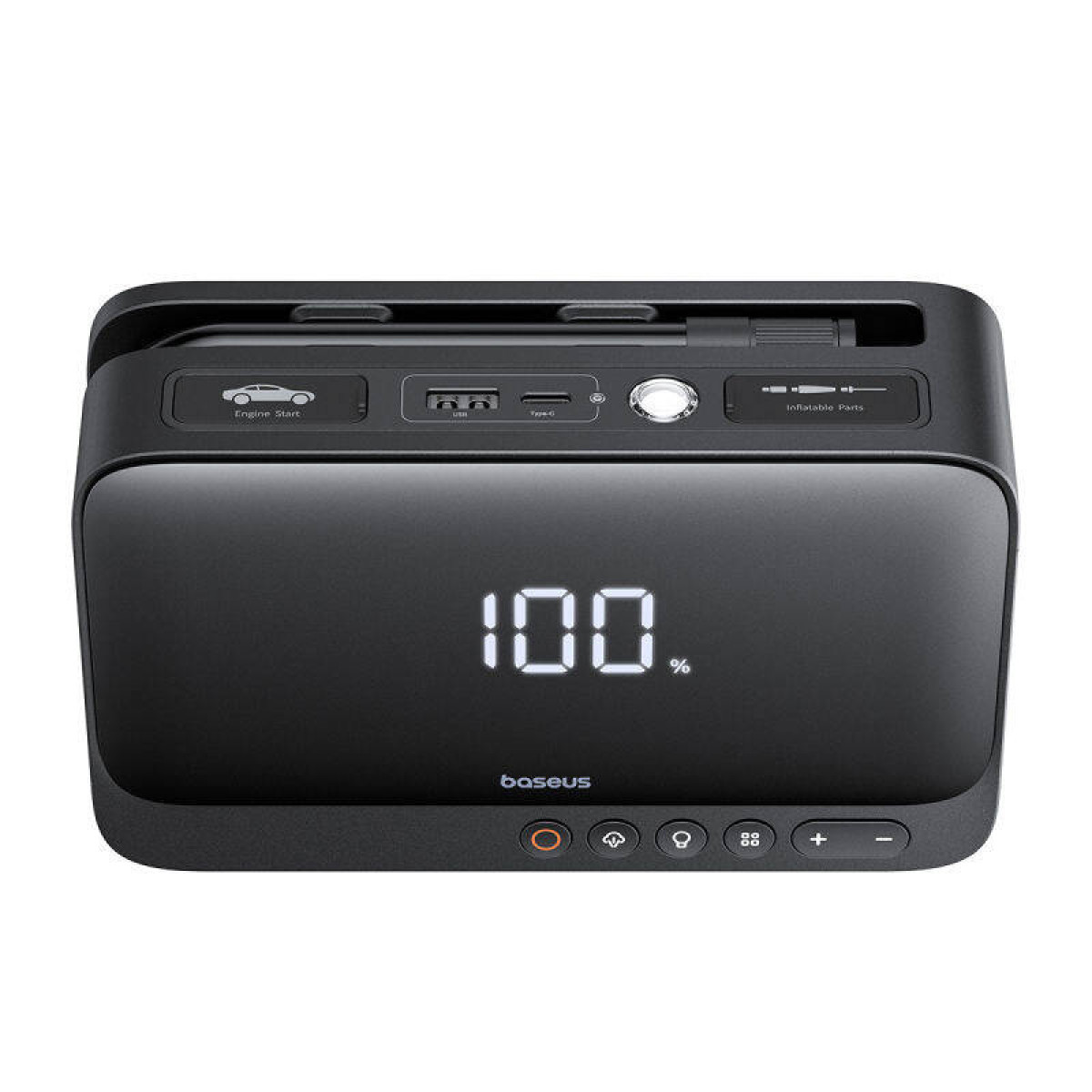 Czarna przenośna stacja zasilania z cyfrowym wyświetlaczem (100%), przyciskami i portami.