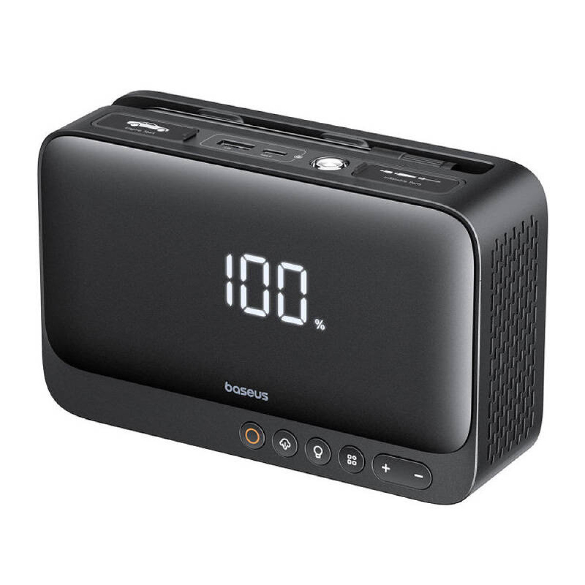 Czarny power bank z wyświetlaczem pokazującym 100%. Przyciski na dole. Białe tło.