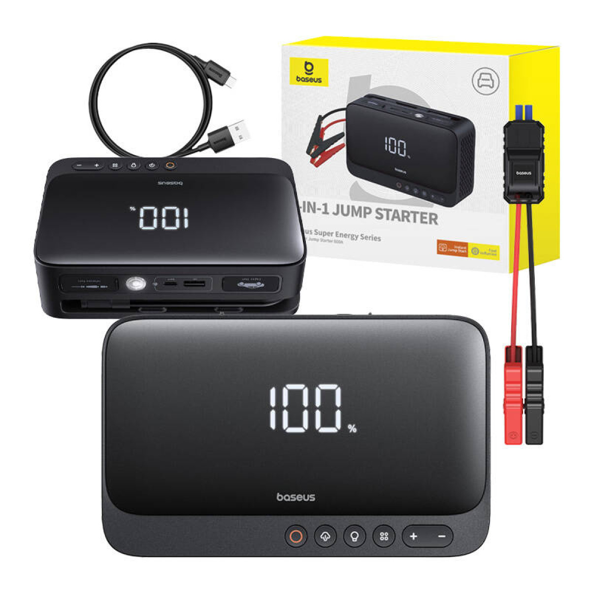 Ein Starthilfe-Kit mit einem schwarzen Gerät, das 100% anzeigt, Kabeln und einer gelben Box.